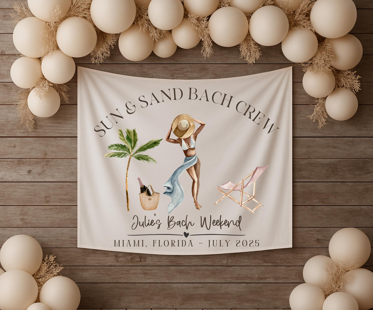 Sun and Sand Bach Crew Banner, Tropical Bachelorette Party Backdrop, Bride Beach Weekend Sign, Custom Miami Girls Trip Decor
