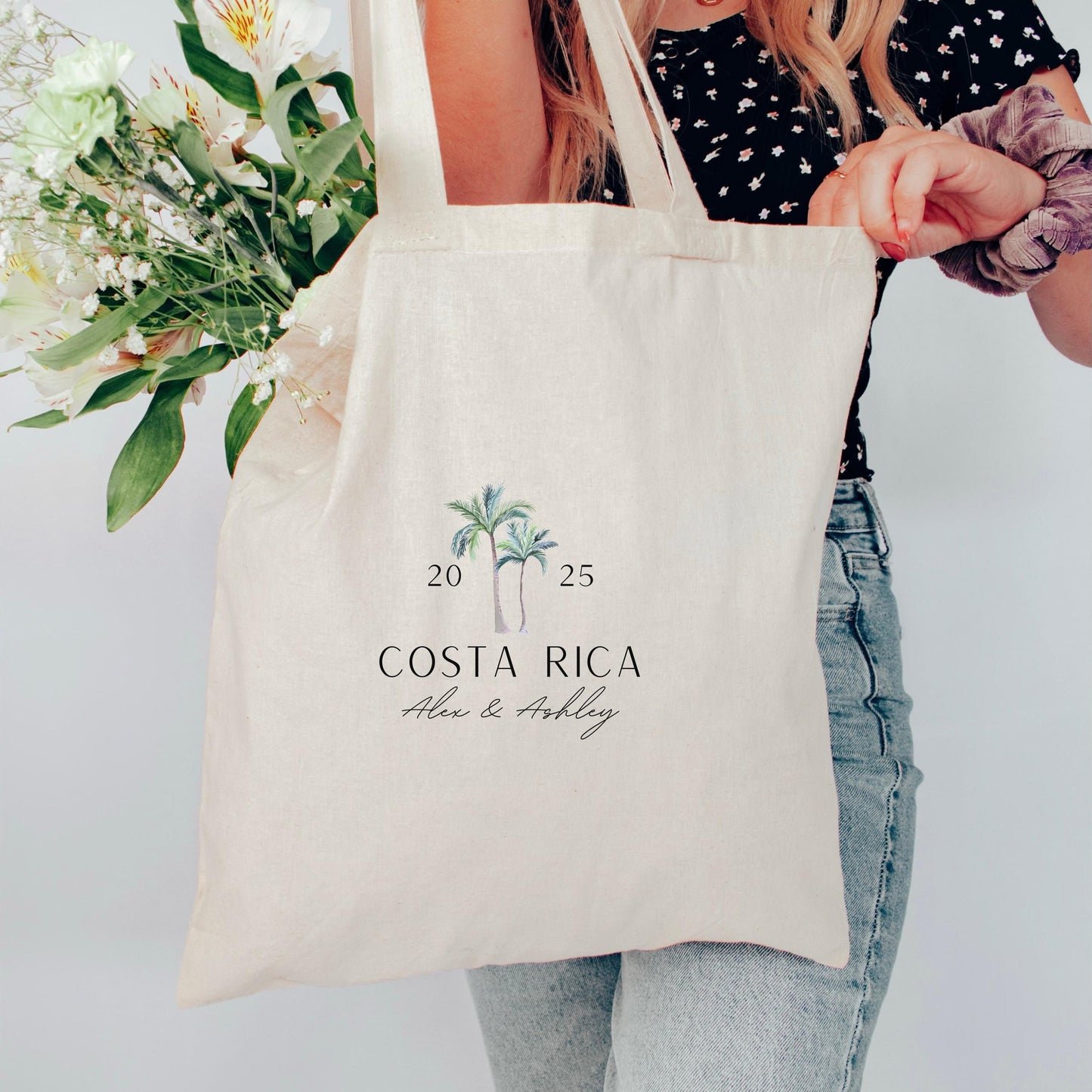 Custom Wedding Tote Bag, Tropical Honeymoon Gift Bag, Minimalist Bride and Groom Name Tote, Personalized Location Wedding Favor