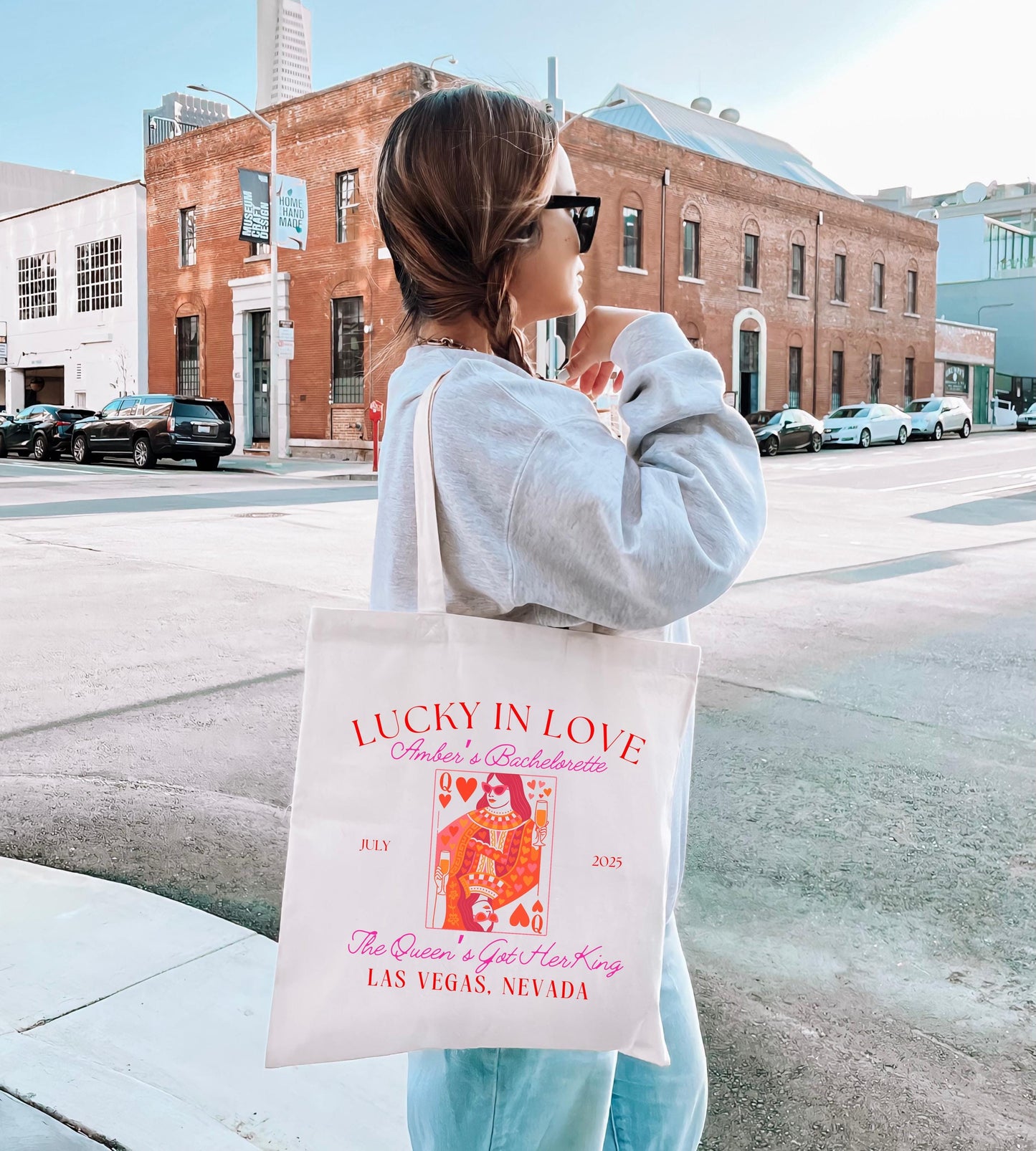 Lucky in Love Bachelorette Tote Bag, Custom Queen of Hearts Design, Bridal Party Favor, Girls Trip Gift, Vegas Bride Tote