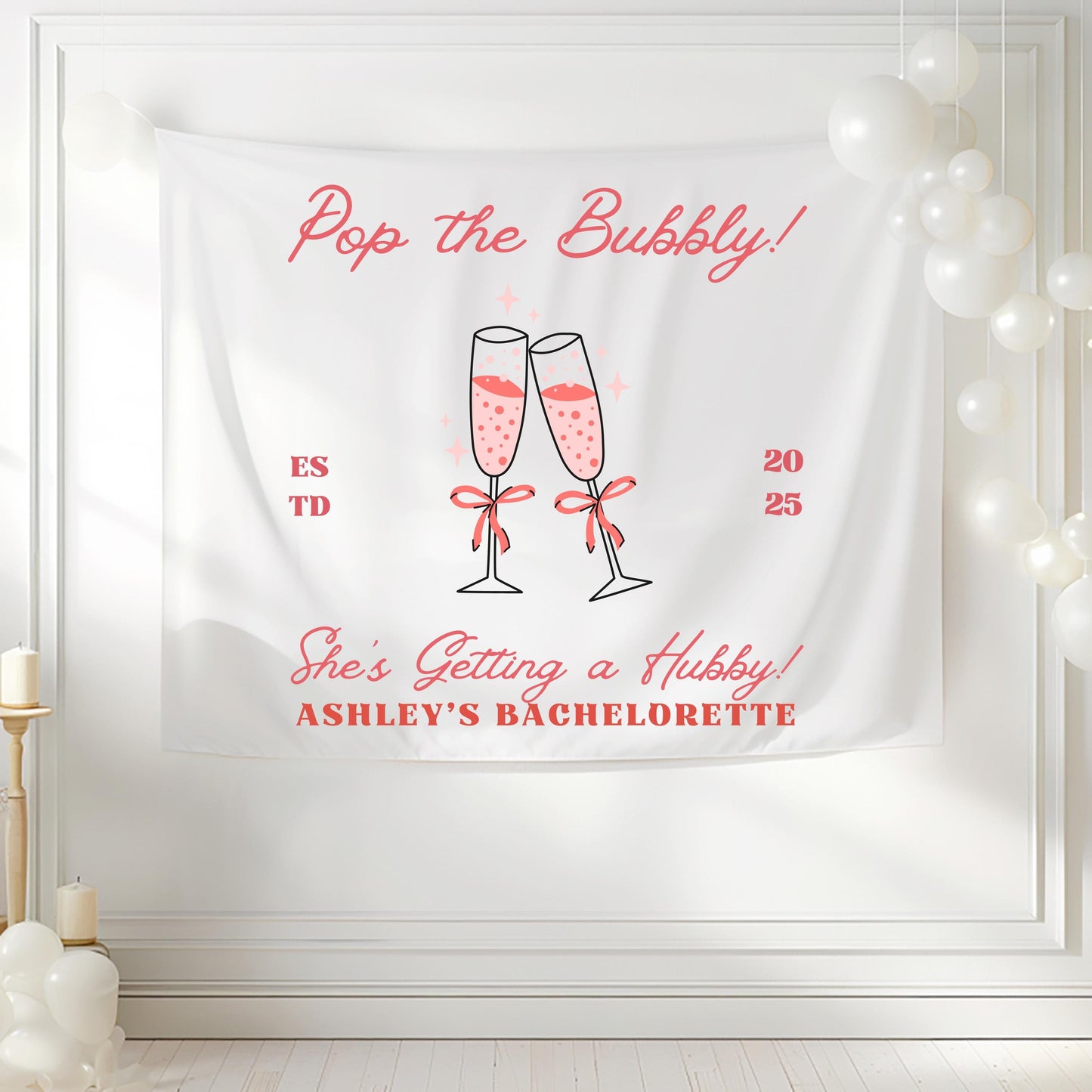 Pop the Bubbly She’s Getting a Hubby Banner | Custom Bachelorette Party Tapestry | Bridal Shower Champagne Decor