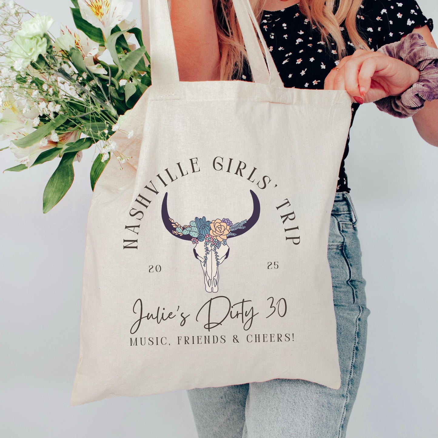 Custom Nashville Trip Tote - Personalized Bachelorette Bag - Bull Skull Girls Trip Gift - Birthday Party Favor