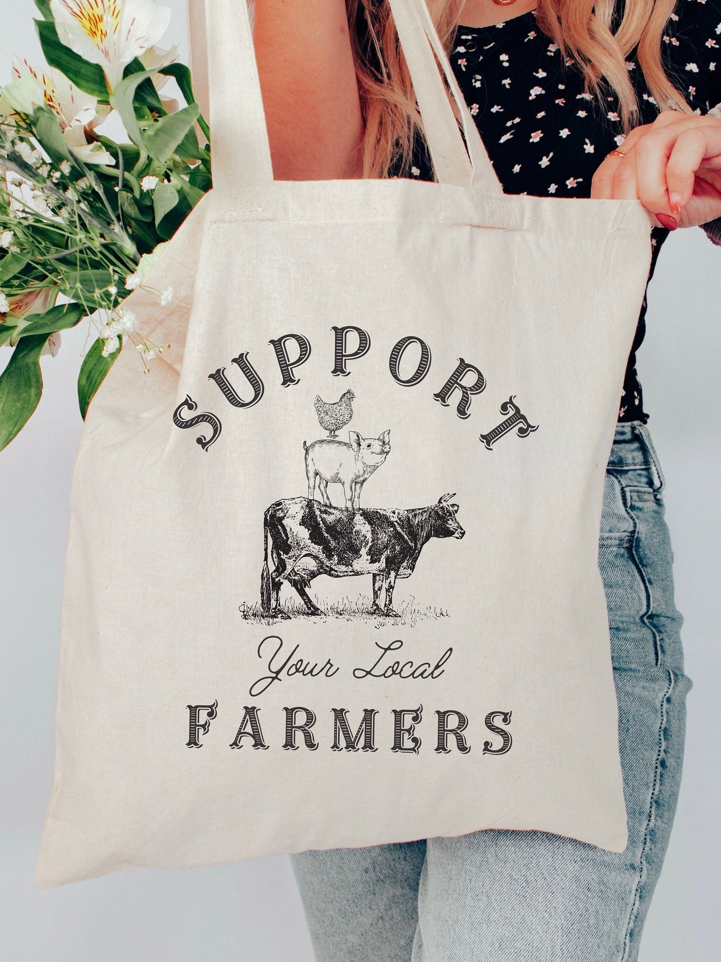 Support your local farmers tote bag, Graphic of Cow, Pig and Chicken, Rural farming country, hobby farm bag, reusable tote bag