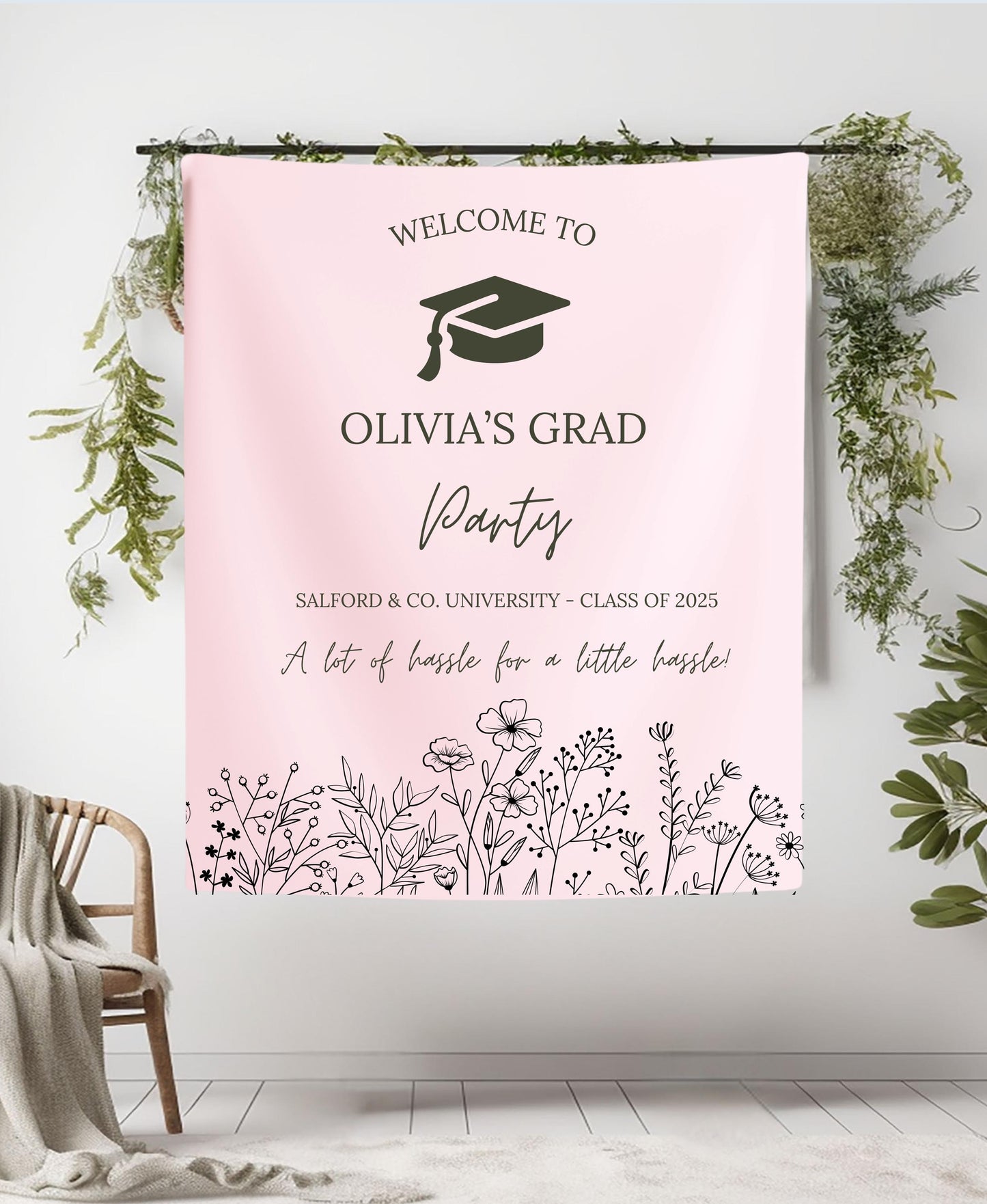 Elegant Graduation Banner with Black Florals, Custom Class of 2025 Sign, Hassle for Tassel Quote, Grad Party Decor Backdrop