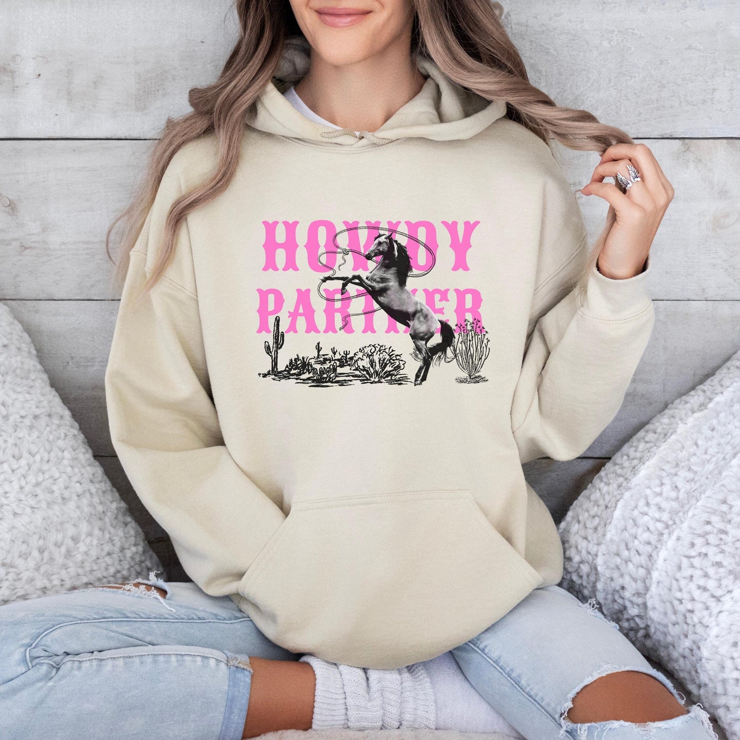 Country Western Hoodie, Howdy Partner - Unisex Cowgirl Hoodie, Horse - Rodeo Sweatshirt for Her