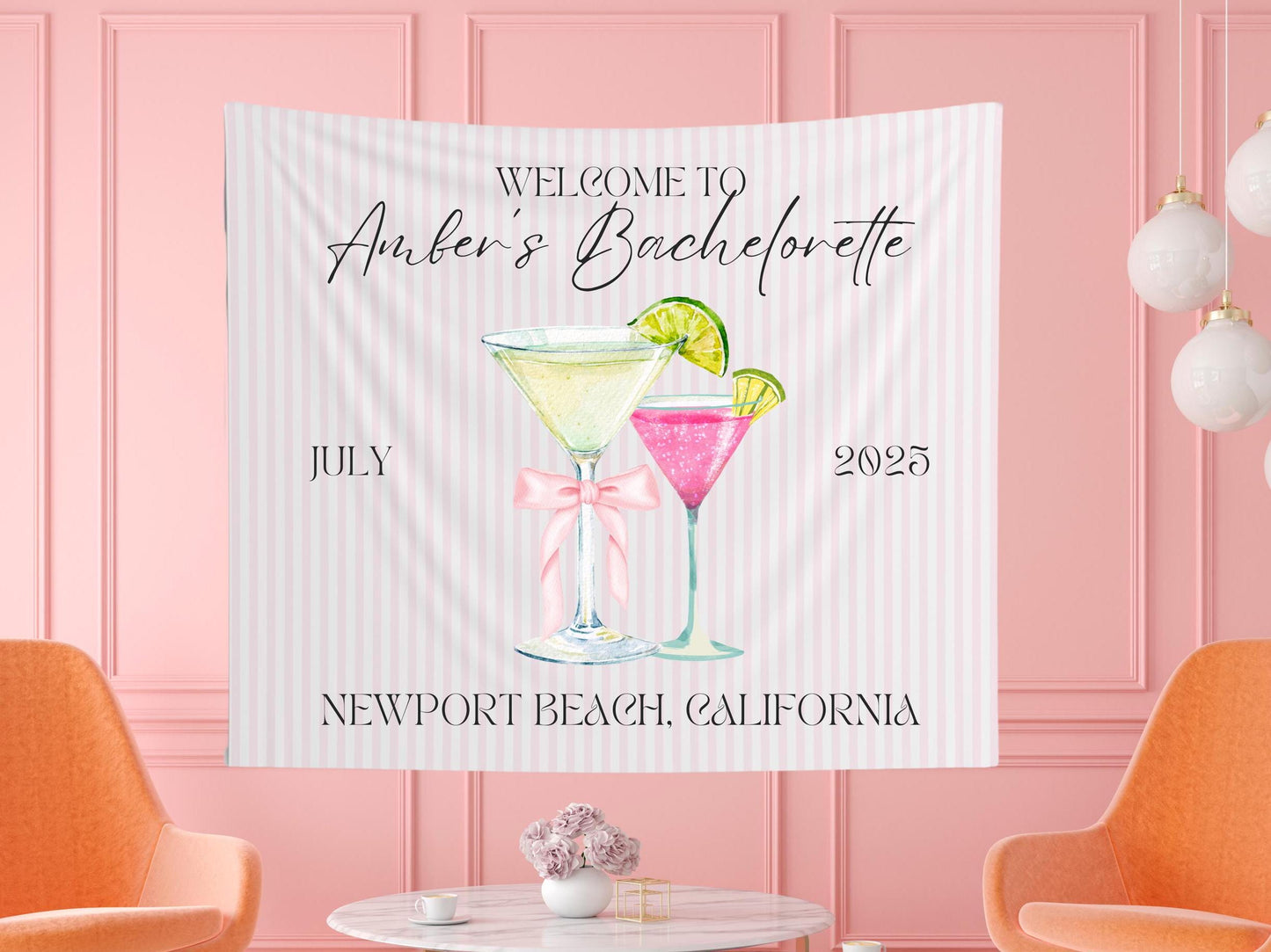 Welcome to Bach Banner, Pink Striped Bachelorette Party Sign, Custom Martini Girls Trip Decor, Elegant Bridal Shower Backdrop