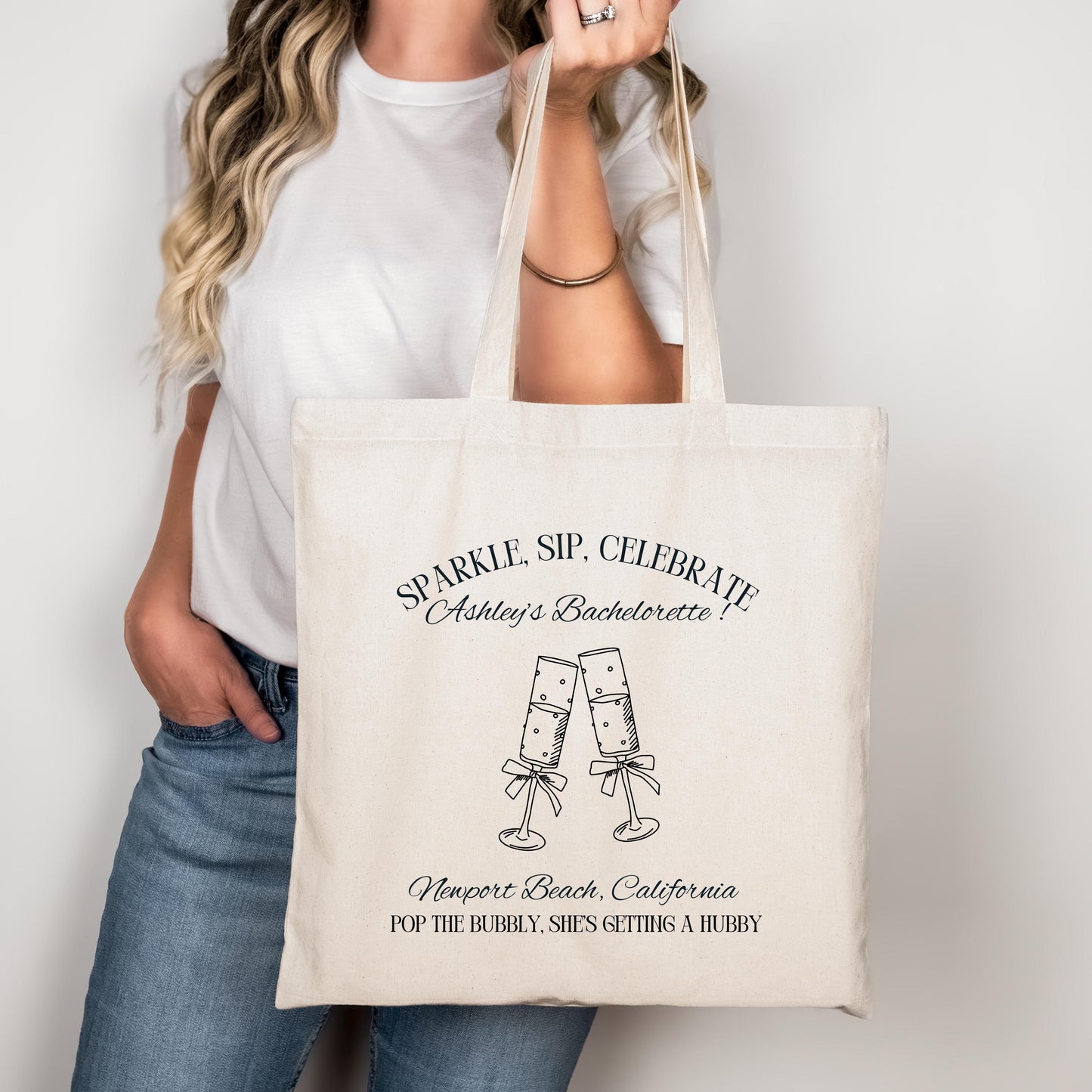 Pop the Bubbly Bride Tote, Champagne Bachelorette Bag, Custom Bridal Party Gift, Wedding Weekend Favor, Personalized Tote Bag