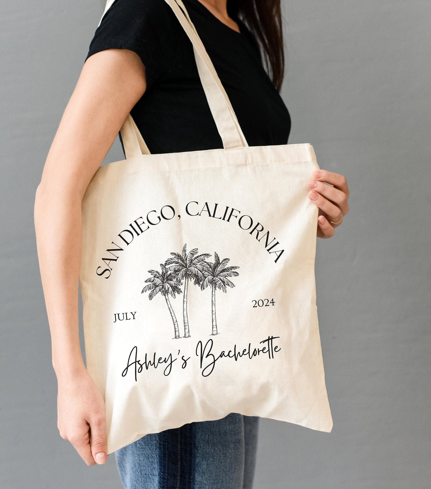 Custom Tropical Bachelorette Tote - Palm Tree Girls Trip Bag - Personalized Destination Party Favor - Beach Getaway Gift