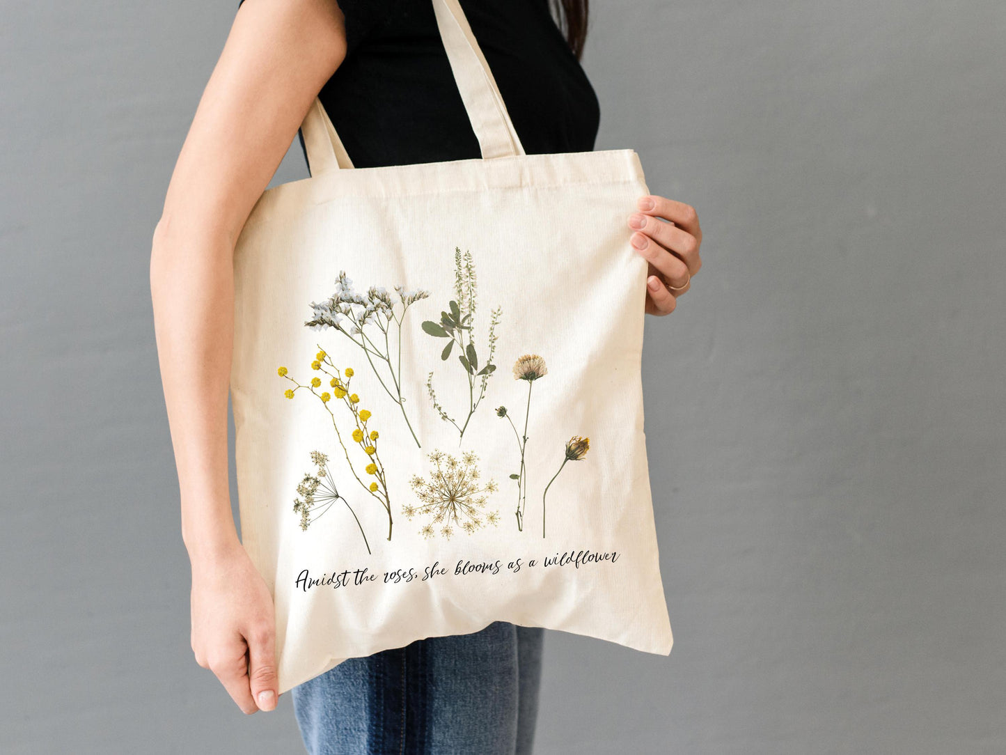Inspirational Quote Tote Bag for Women, Wildflower Poem Canvas Bag, Self Care Gift for Her, Personalized Floral Daily Use Tote