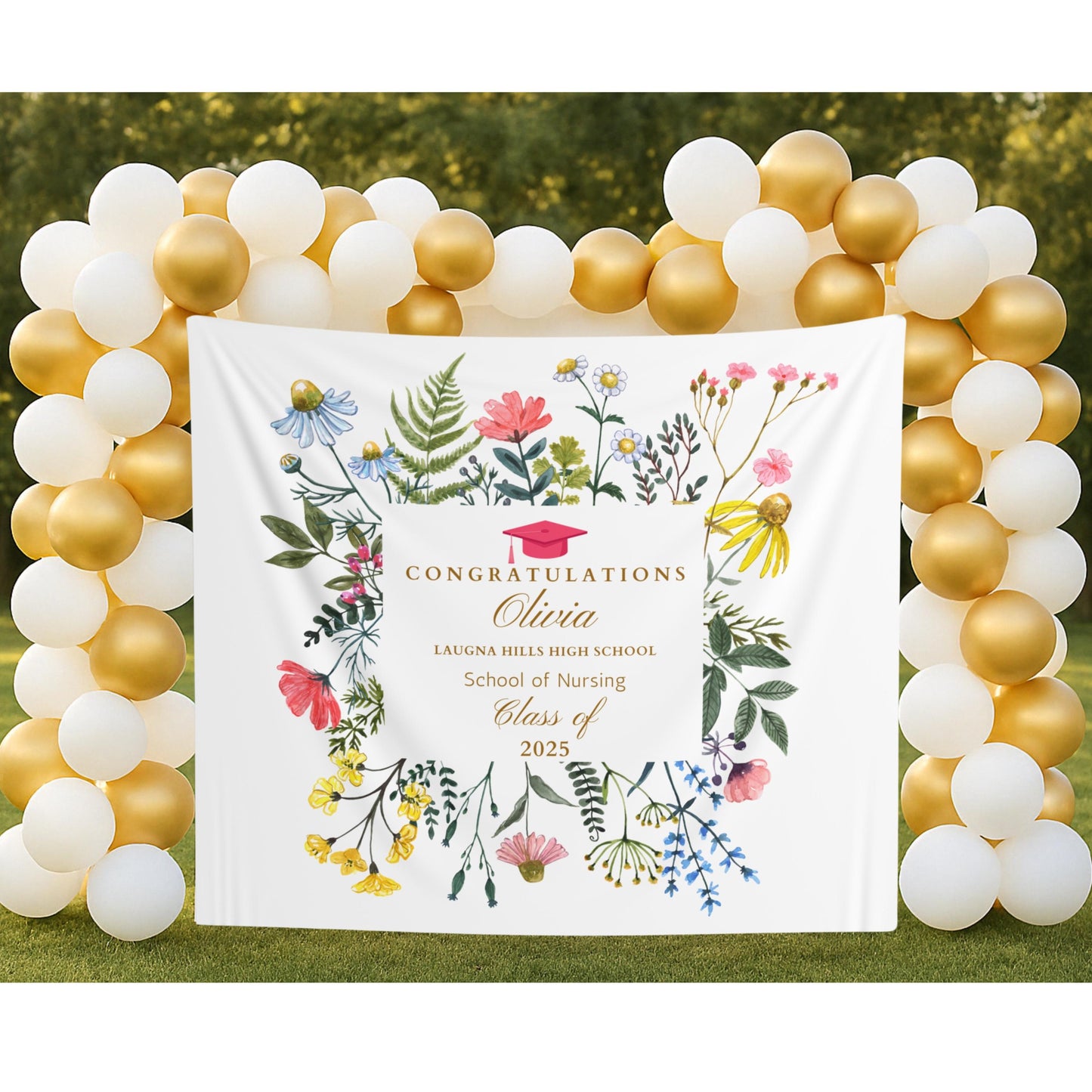 Custom Graduation Banner with Flowers, Personalized Grad Party Backdrop, Class of 2025 School Name Banner, Photo Booth Sign