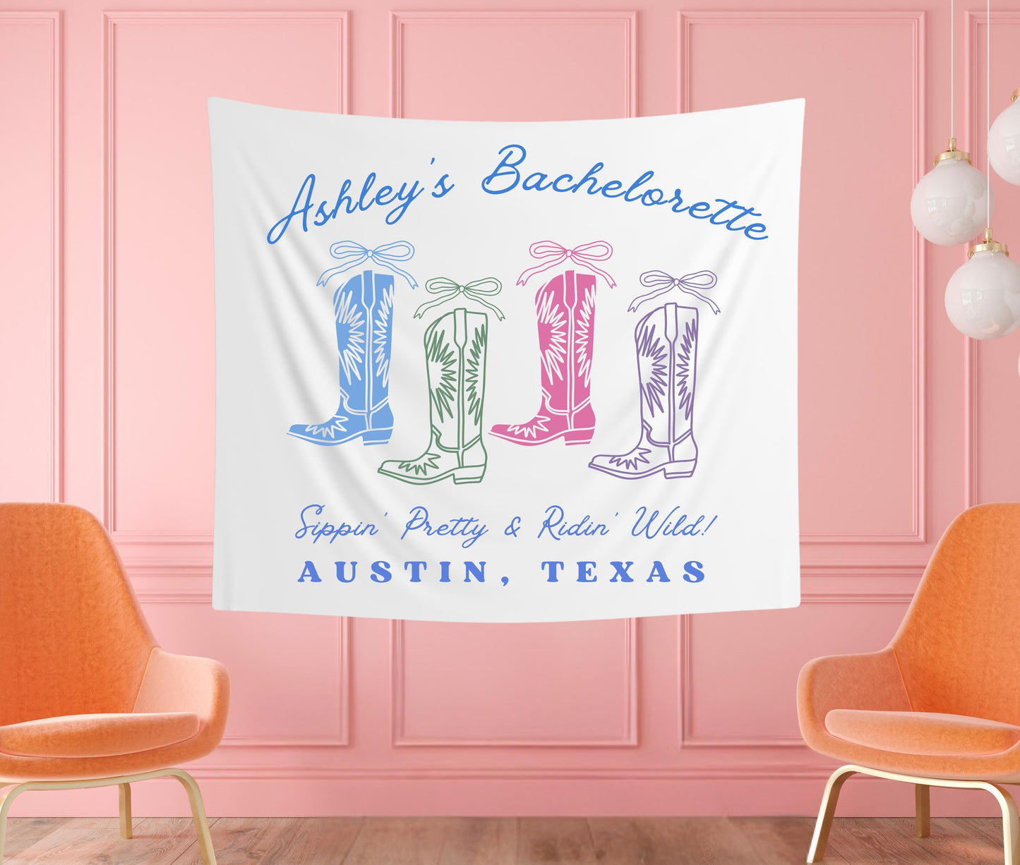 Custom Cowgirl Boots Bachelorette Banner | Sipping Pretty & Riding Wild | Western Party Decor | Personalized Bach Tapestry