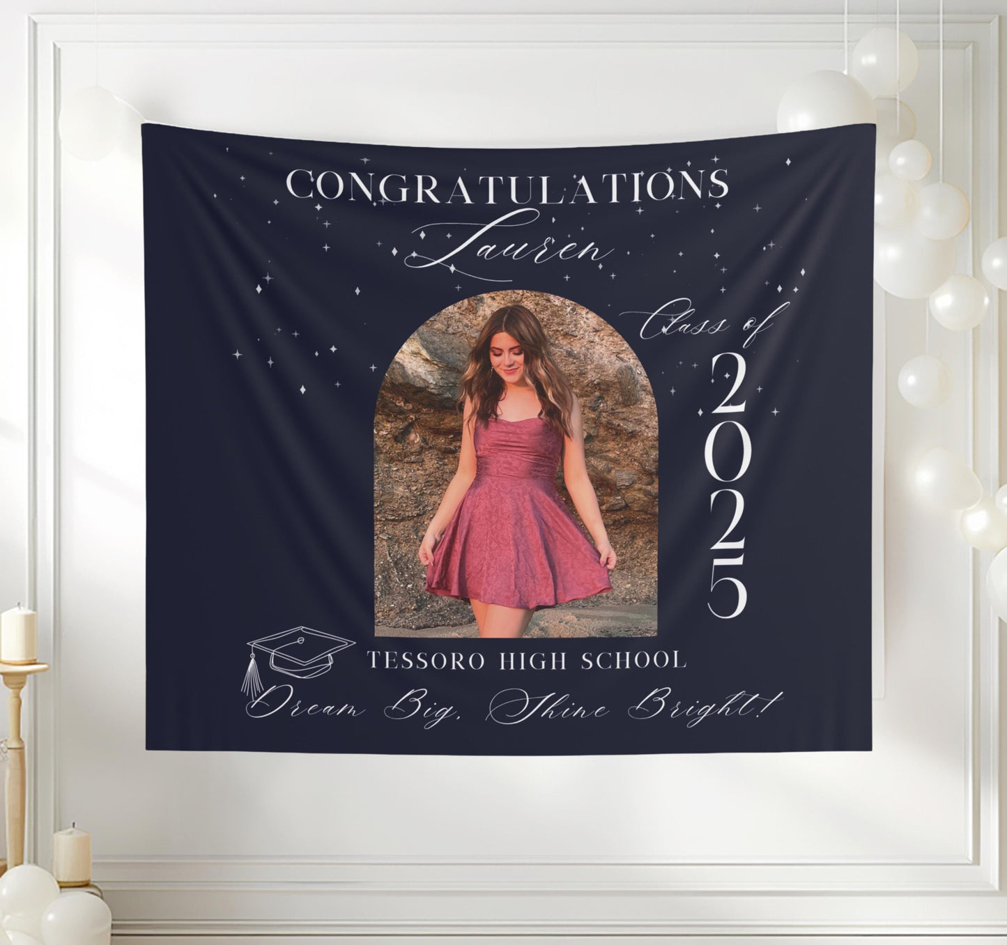 Custom Graduation Photo Banner, Personalized Quote, High School or College Grad Sign, Class of 2025 Party Decor, Elegant Grad Banner