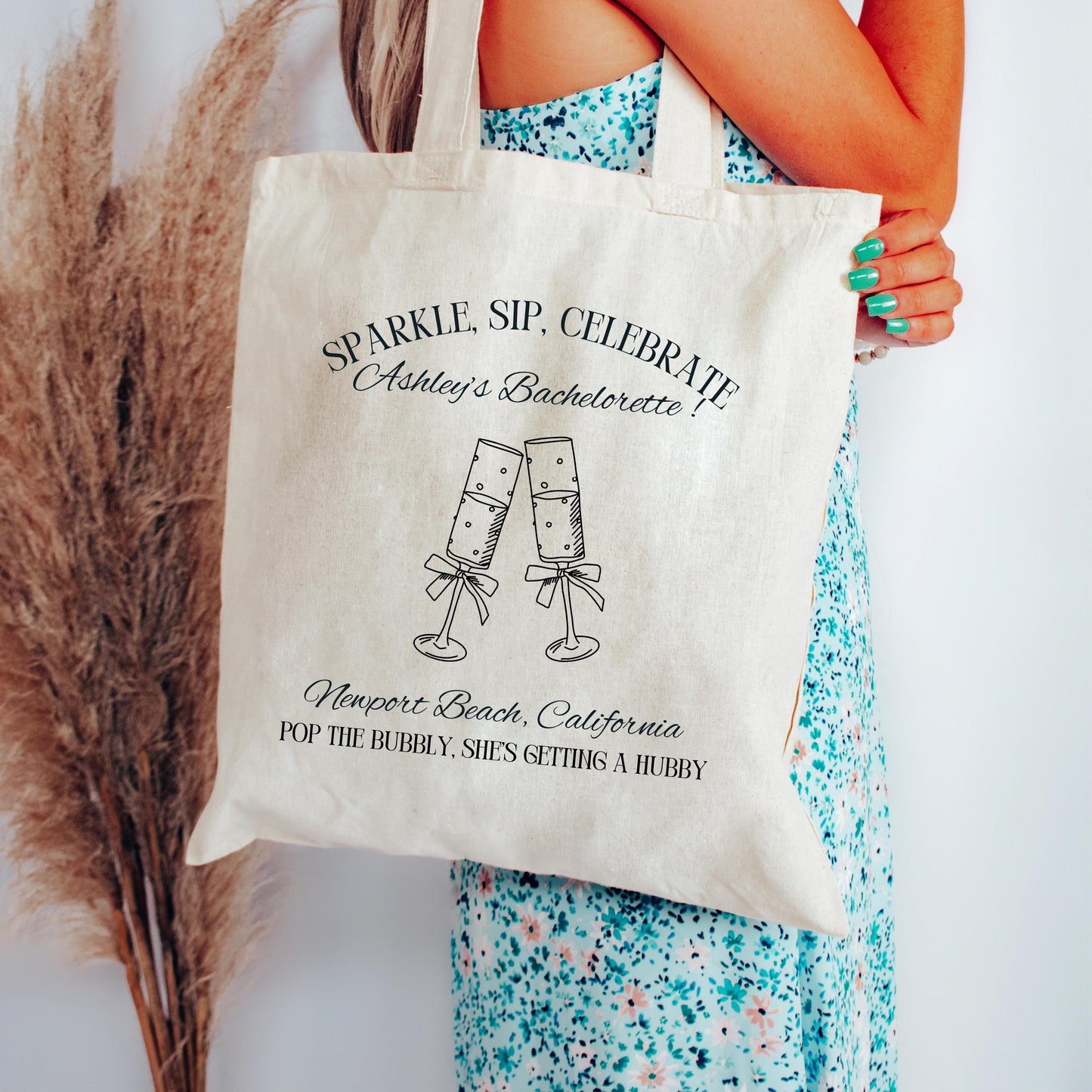 Pop the Bubbly Bride Tote, Champagne Bachelorette Bag, Custom Bridal Party Gift, Wedding Weekend Favor, Personalized Tote Bag