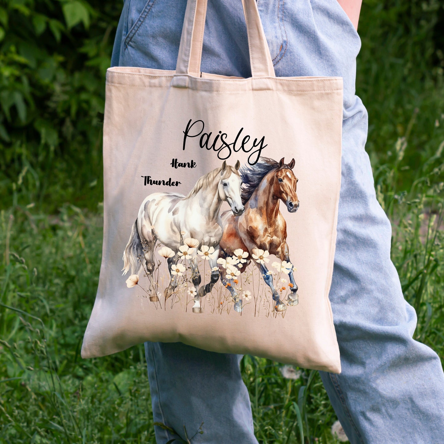 Custom Horse Tote, Horse Lover, Country Western Wildflower Bag, Horse Owner Gift, Birthday for Her, Add Custom Name and Choose Graphic