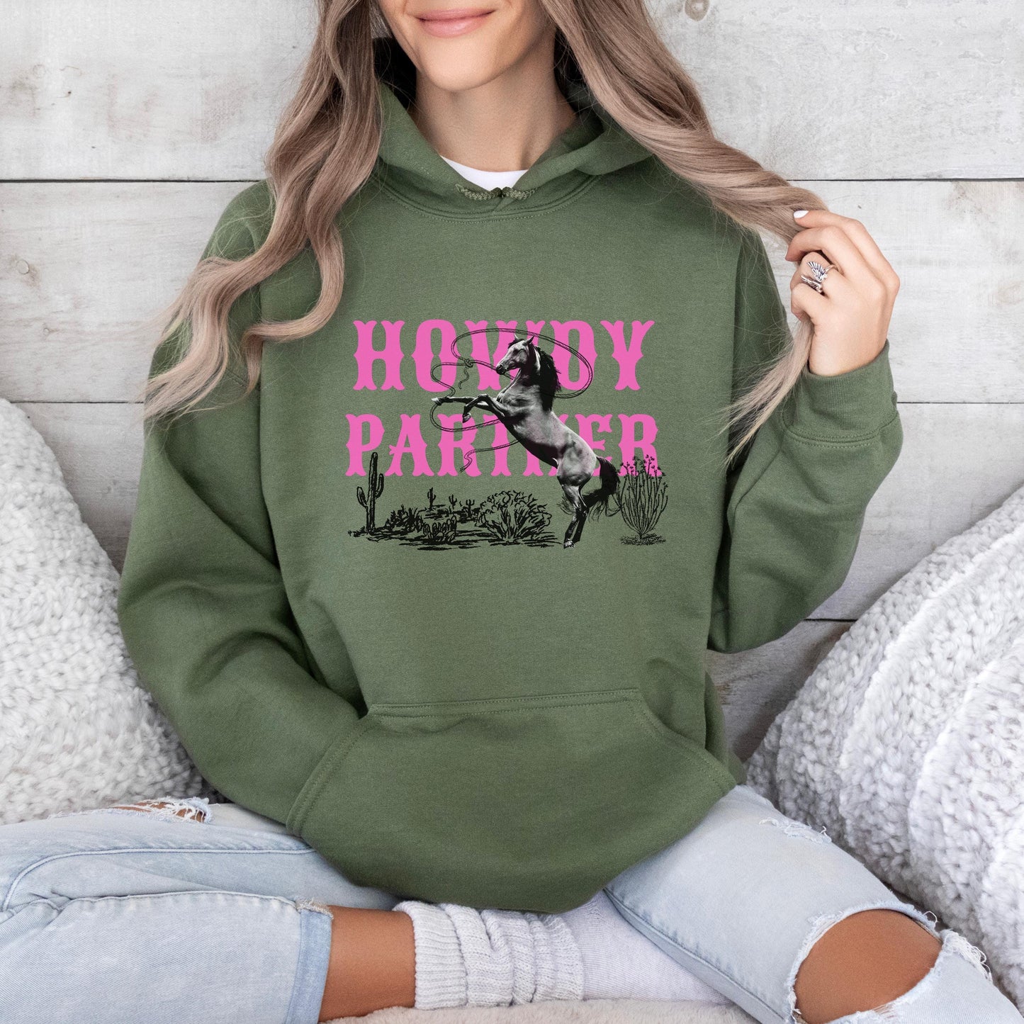 Country Western Hoodie, Howdy Partner - Unisex Cowgirl Hoodie, Horse - Rodeo Sweatshirt for Her
