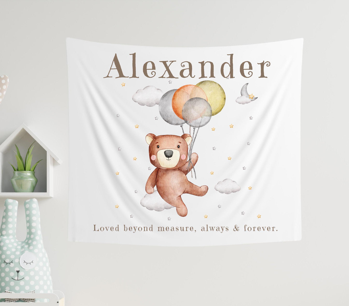 Custom Name Nursery Banner | Teddy Bear Balloon Wall Hanging | Starry Sky Playroom Tapestry | Personalized Kids Room Decor