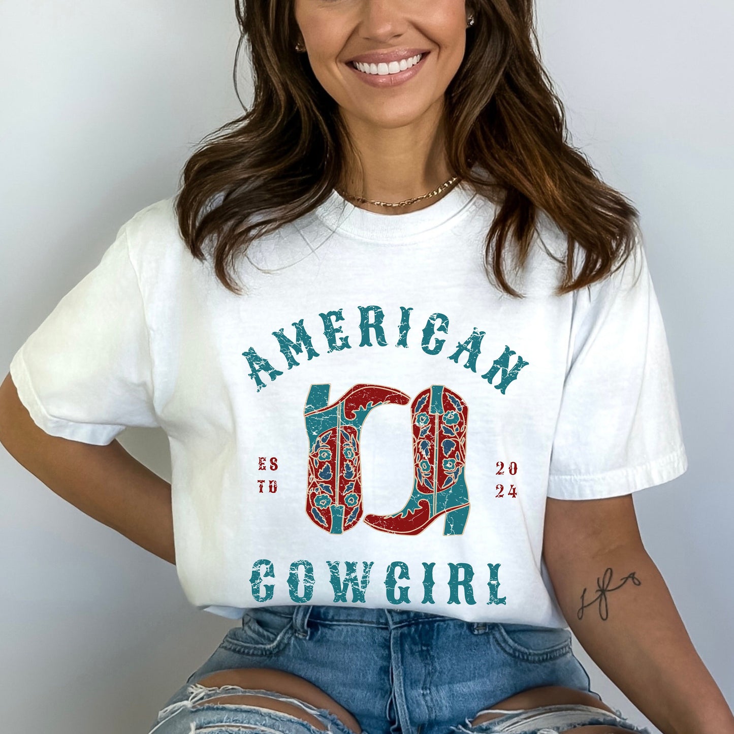 Cowgirl Western Shirt, American Cowgirl Rustic Tee, Womens Country T-shirt, Boots, Rodeo - Country Concert Outfit - Comfort Colors