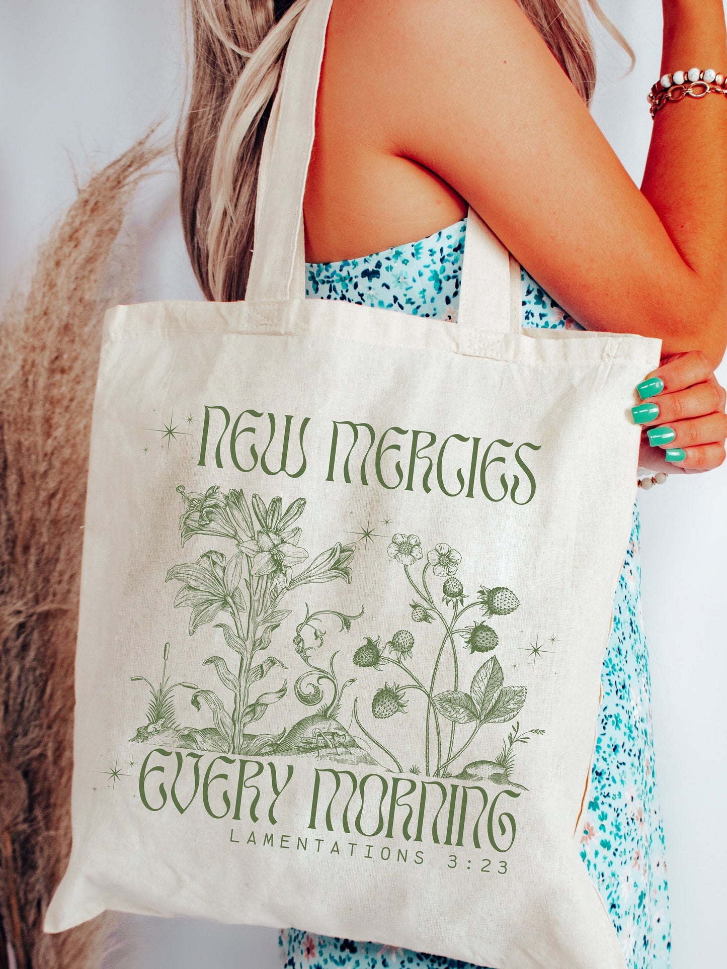 Christian Tote Bag with Bible Script - Unique Book Bag, Canvas Shopping Tote, Birthday Gift for Her, New Mercies Every Morning