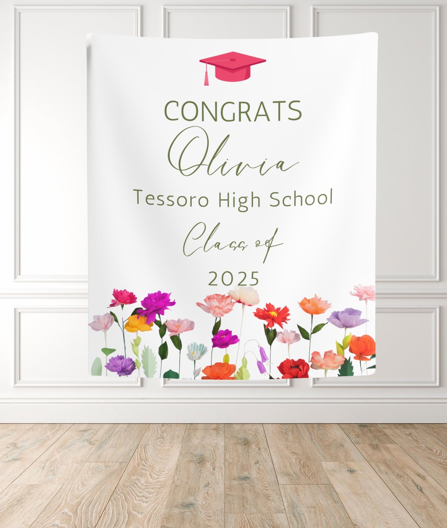 Personalized Graduation Banner with Wildflowers, Custom Class of 2025 Sign, Boho Floral Senior Party Decor, Congrats Grad Backdrop