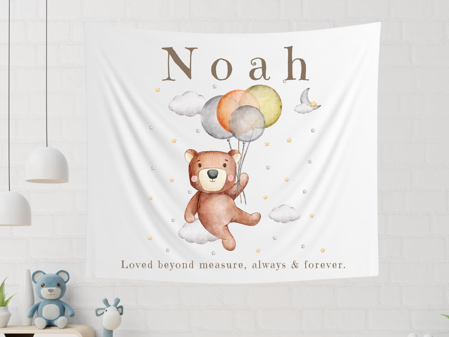 Custom Name Nursery Banner | Teddy Bear Balloon Wall Hanging | Starry Sky Playroom Tapestry | Personalized Kids Room Decor