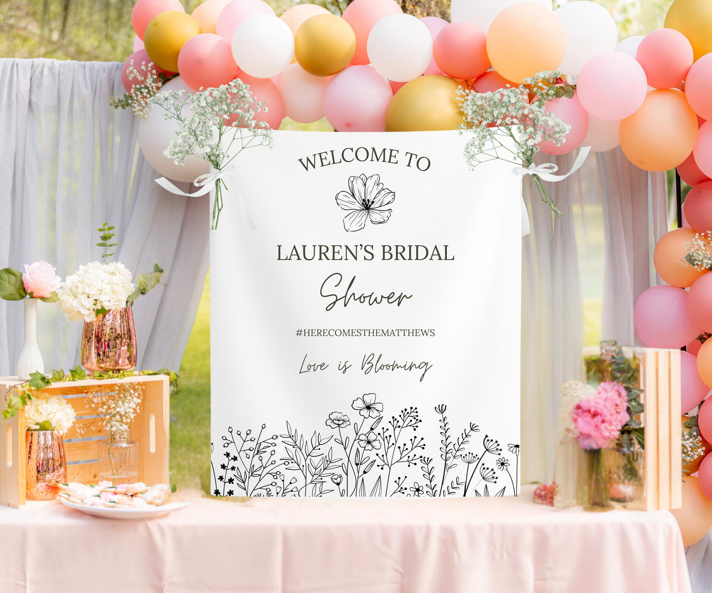 Floral Bridal Shower Banner, Custom Elegant Black and White Sign, Love is Blooming Decor, Personalized Bridal Party Welcome Backdrop