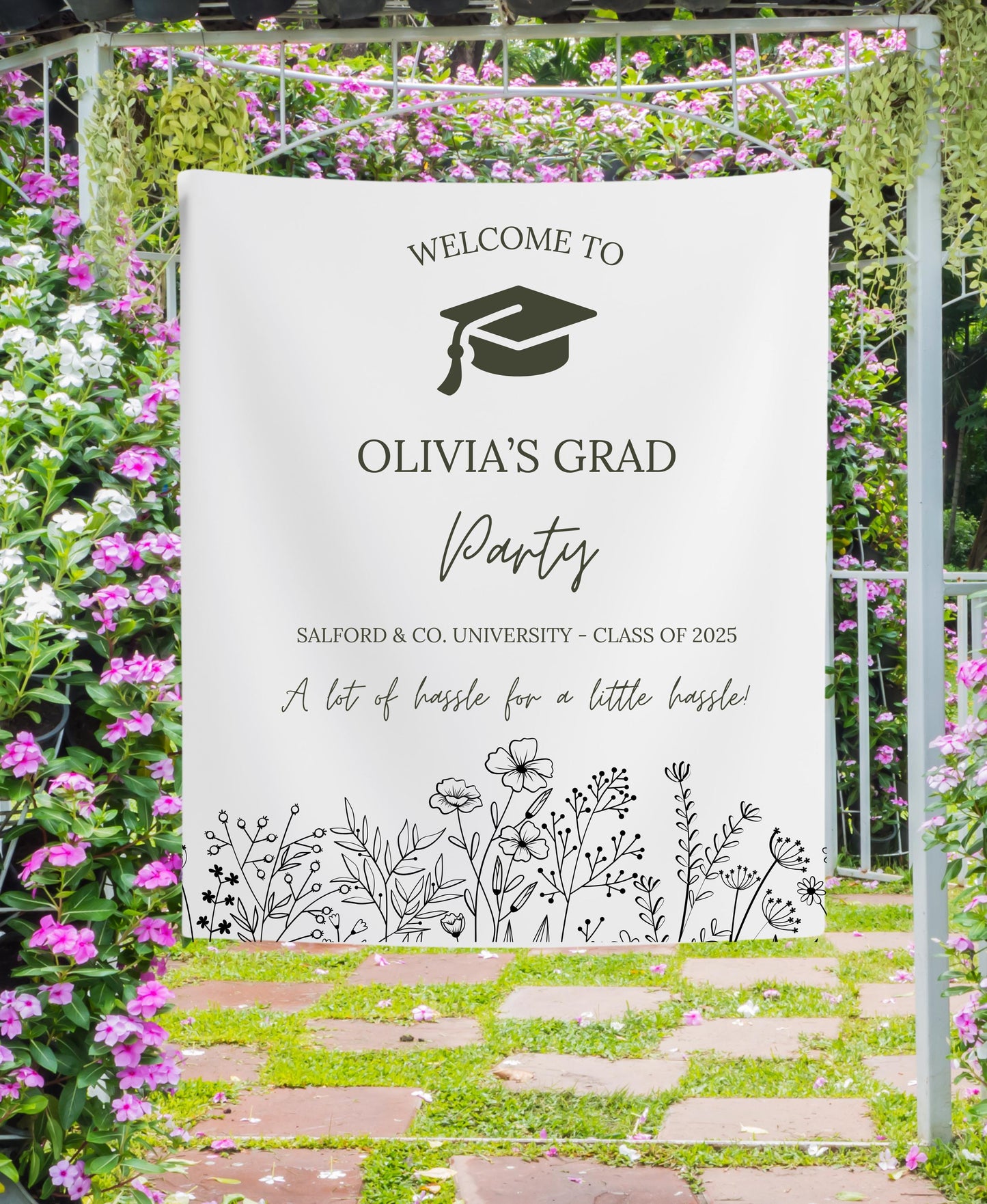 Elegant Graduation Banner with Black Florals, Custom Class of 2025 Sign, Hassle for Tassel Quote, Grad Party Decor Backdrop