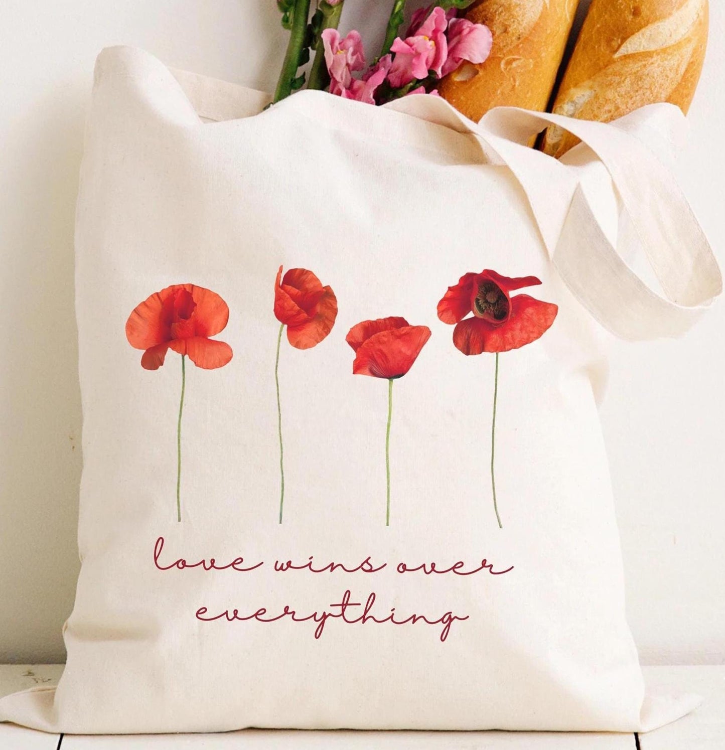 Floral Tote Bag with Inspirational Quote | Love Wins Over Everything | Library & School Bag