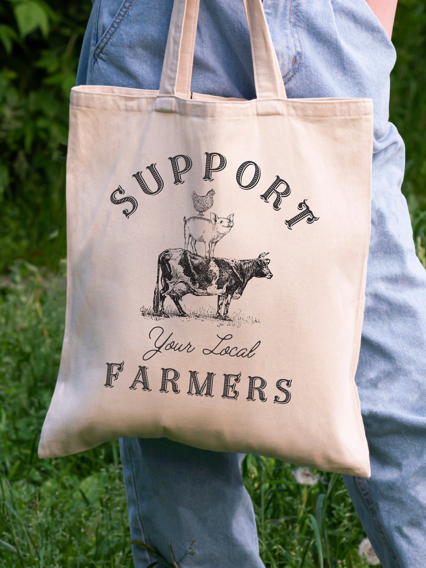 Support your local farmers tote bag, Graphic of Cow, Pig and Chicken, Rural farming country, hobby farm bag, reusable tote bag