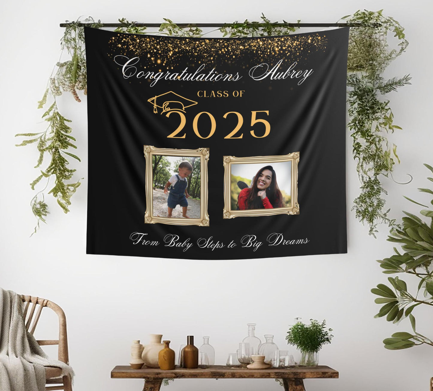 Custom Graduation Photo Banner, High School or College Grad 2025, Senior Party Backdrop, Then & Now Banner -From Baby Steps to Big Dreams