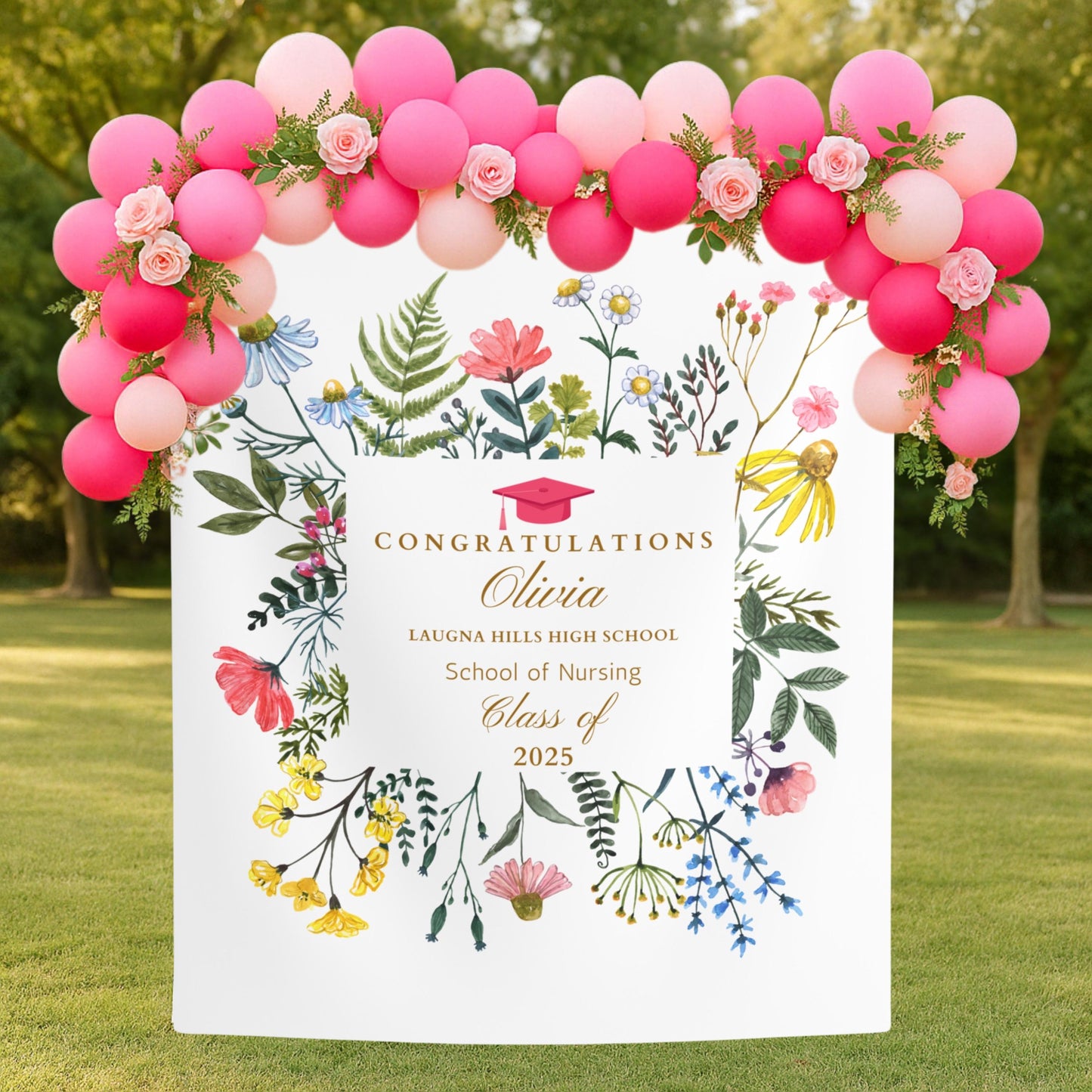 Custom Graduation Banner with Flowers, Personalized Grad Party Backdrop, Class of 2025 School Name Banner, Photo Booth Sign