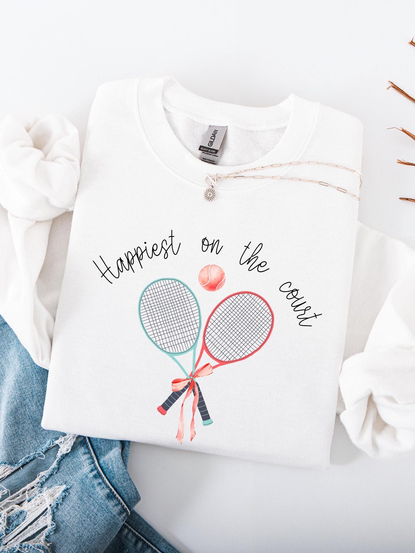 Happiest on the Court Sweatshirt, Cozy Tennis Crewneck, Preppy Pastel Tennis Sweatshirt, Ribbon Graphic Tennis Shirt, Unisex Tennis Gift
