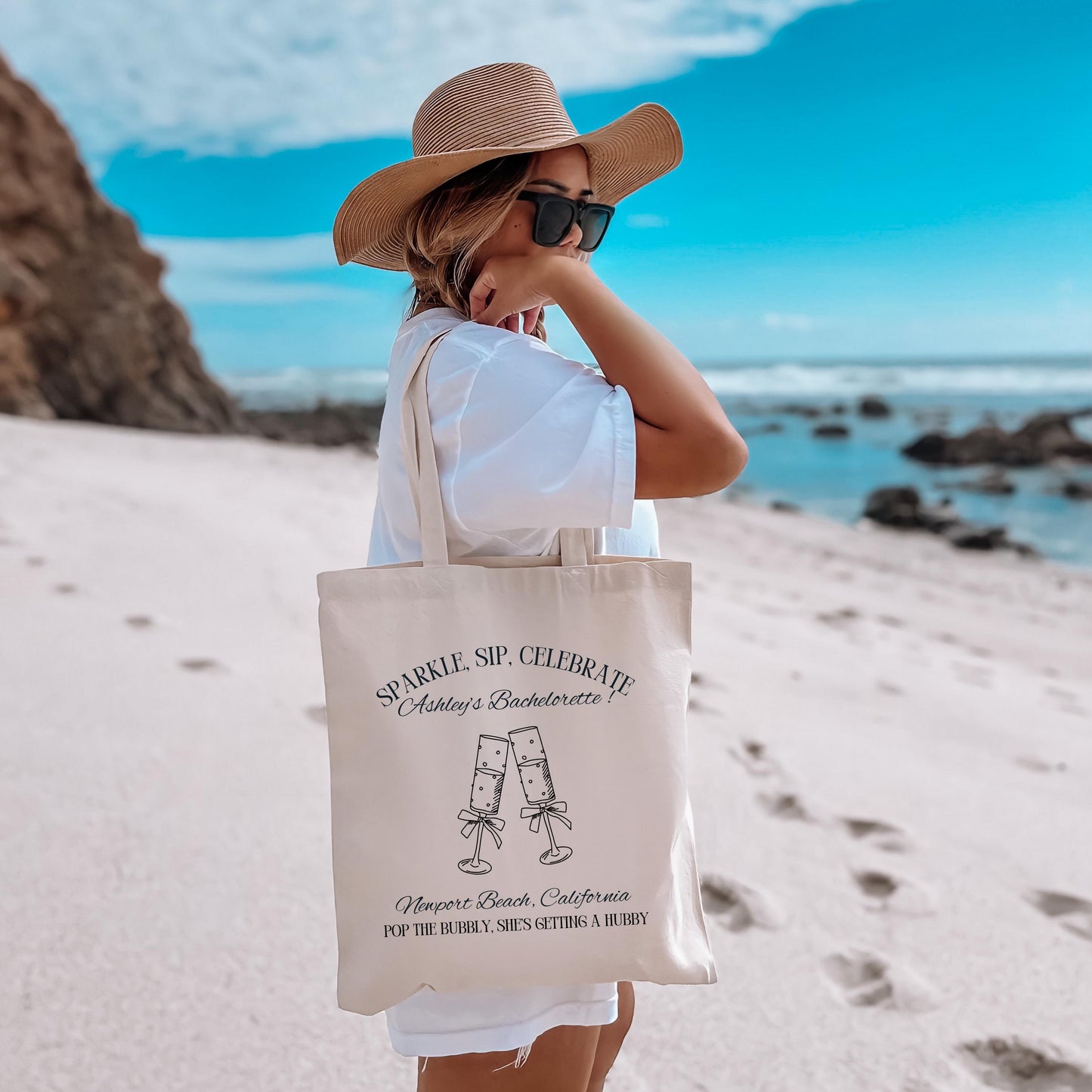 Pop the Bubbly Bride Tote, Champagne Bachelorette Bag, Custom Bridal Party Gift, Wedding Weekend Favor, Personalized Tote Bag