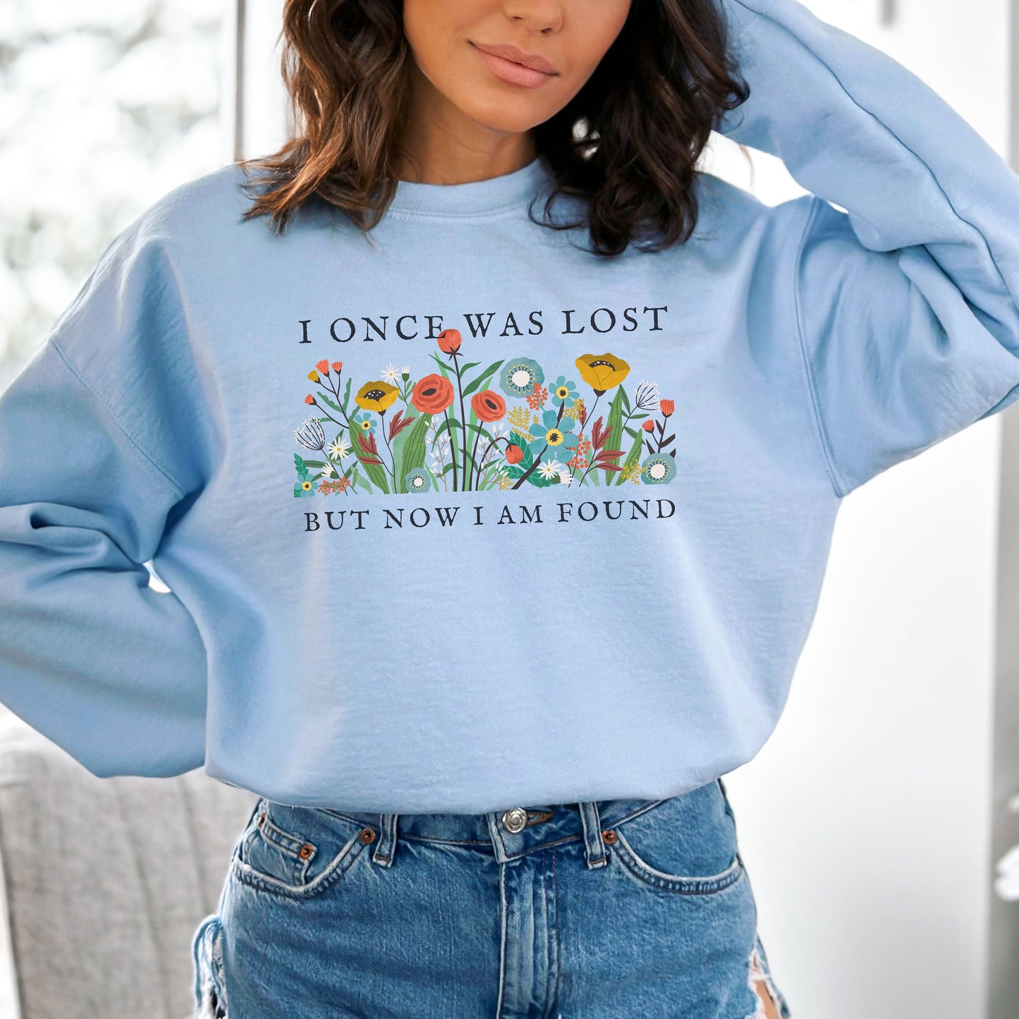 Christian Sweatshirt Women's Religious Sweatshirt Gift for Her Faith Based Apparel - Once Was Lost But Now I'm Found Trendy Floral Sweater