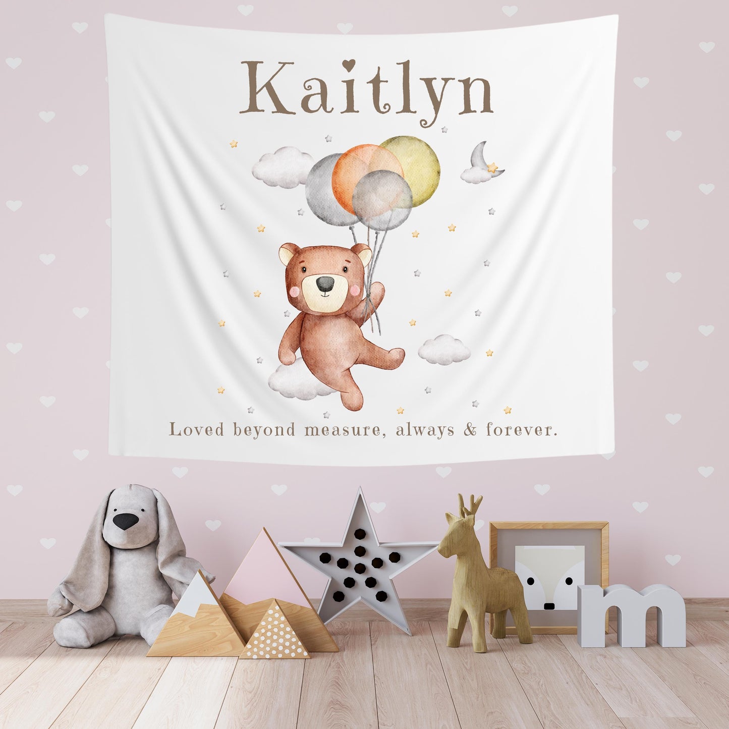 Custom Name Nursery Banner | Teddy Bear Balloon Wall Hanging | Starry Sky Playroom Tapestry | Personalized Kids Room Decor
