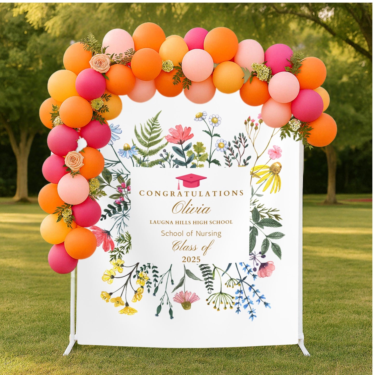 Custom Graduation Banner with Flowers, Personalized Grad Party Backdrop, Class of 2025 School Name Banner, Photo Booth Sign