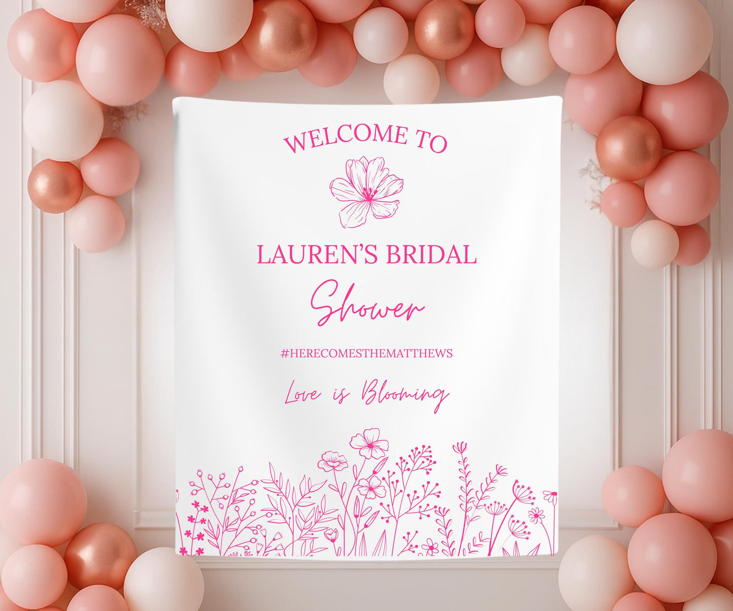 Floral Bridal Shower Banner, Custom Elegant Black and White Sign, Love is Blooming Decor, Personalized Bridal Party Welcome Backdrop