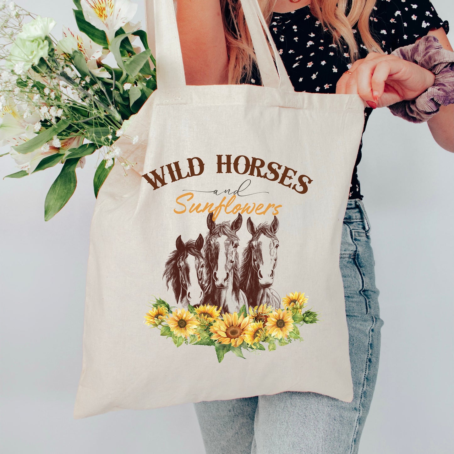 Wild Horses and Sunflowers Tote, Horse Lover Gift Bag, Country Western Tote, Canvas Horse Bag, Floral Horse Gift for Her