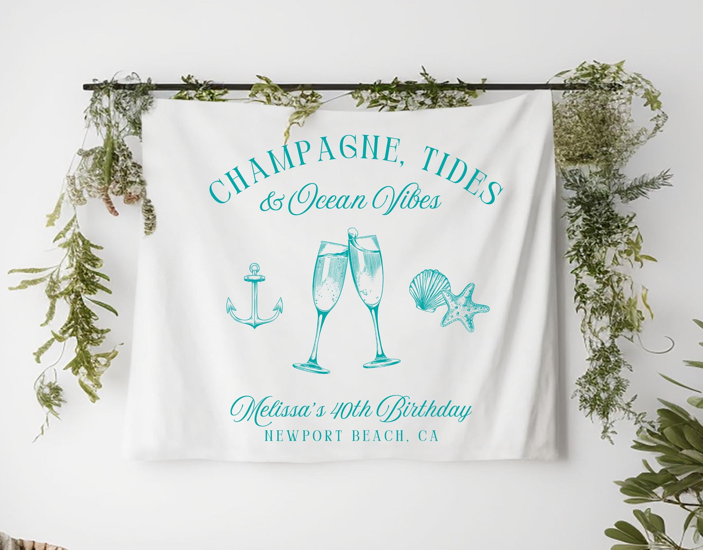 Custom Birthday Beach Banner, Champagne Tides & Ocean Vibes, Coastal Birthday Party Decor, Personalized Birthday Sign