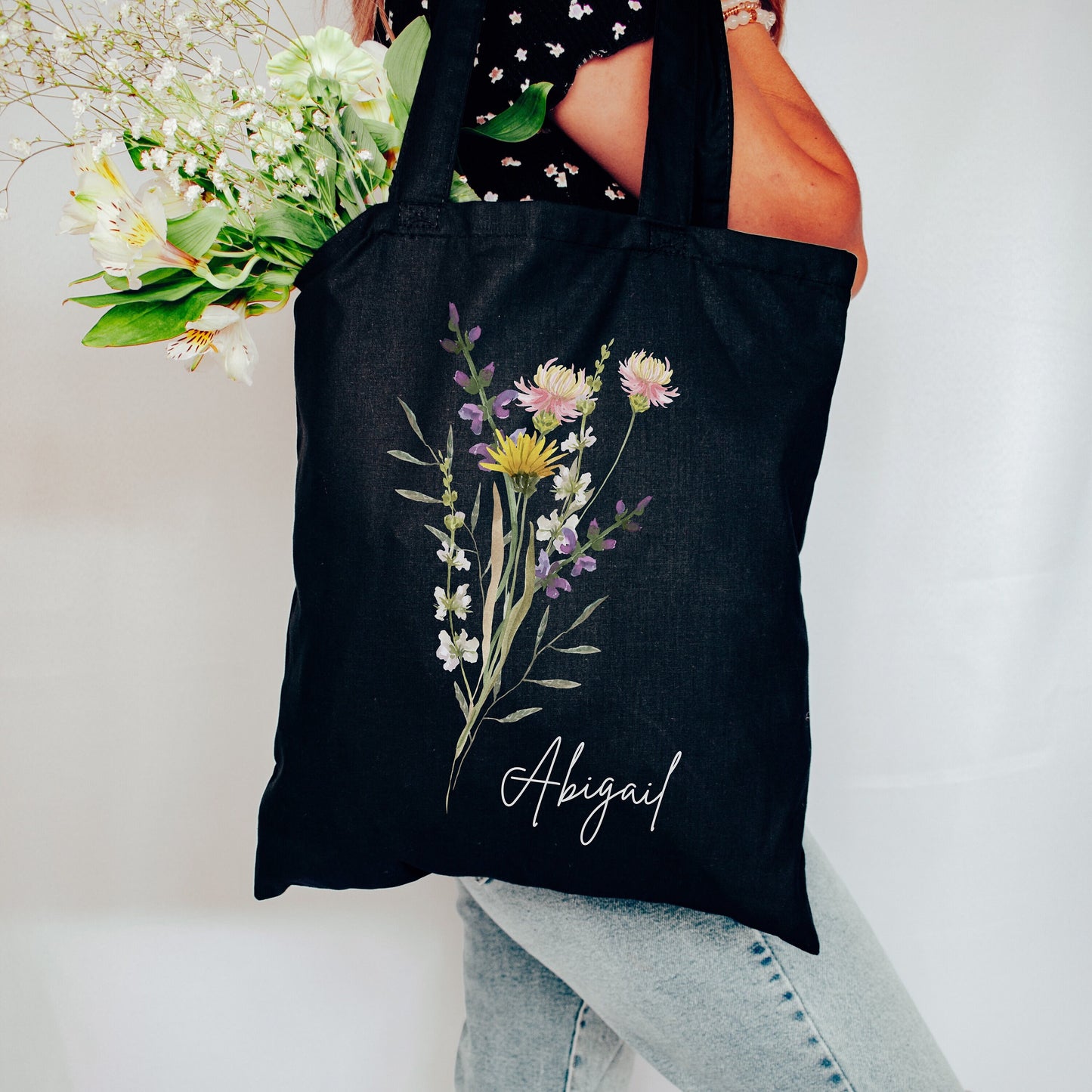 Personalized Wildflower Canvas Tote Bag - Bridesmaid Gift - Party Favor - Mother's Day - Floral Tote Gift for Her