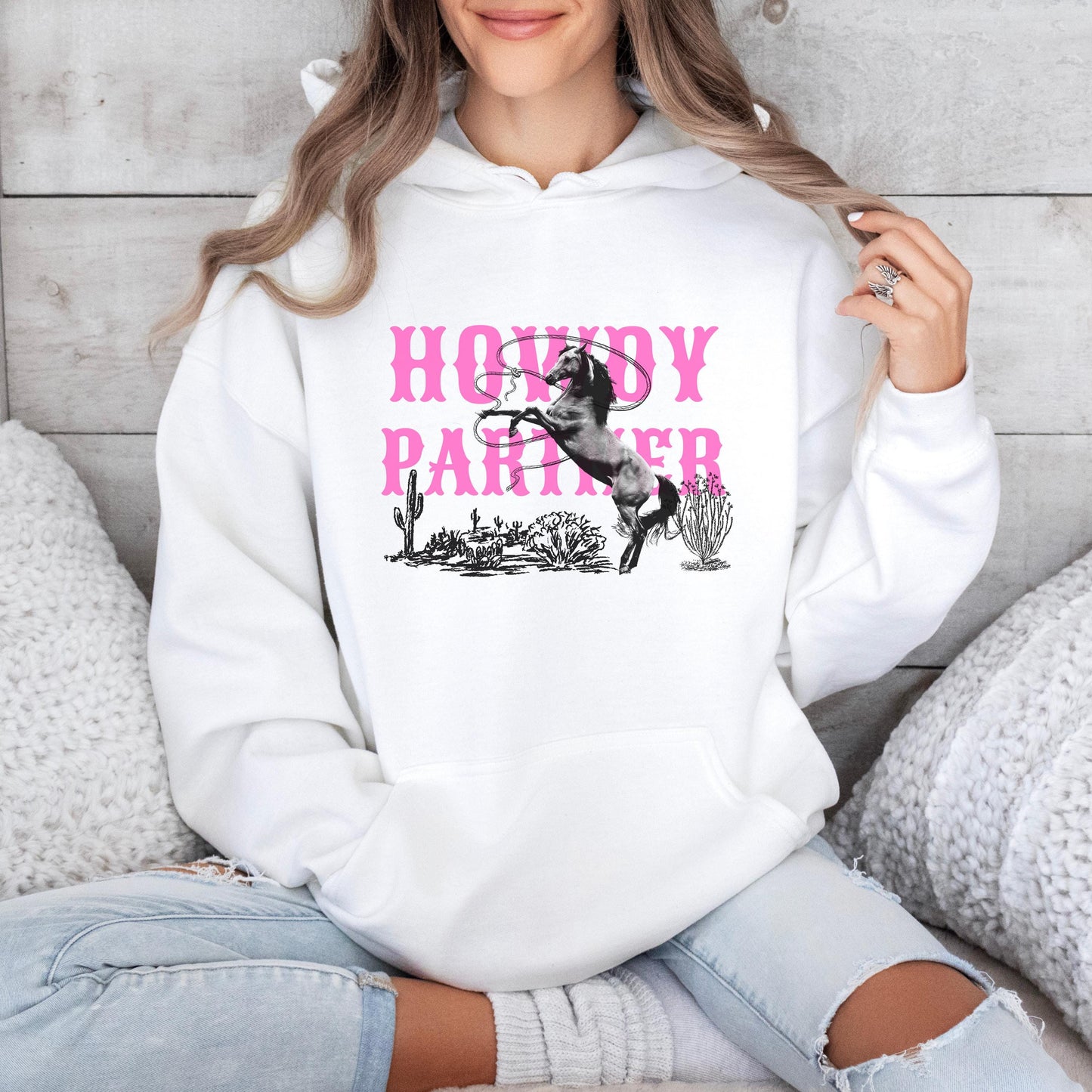 Country Western Hoodie, Howdy Partner - Unisex Cowgirl Hoodie, Horse - Rodeo Sweatshirt for Her