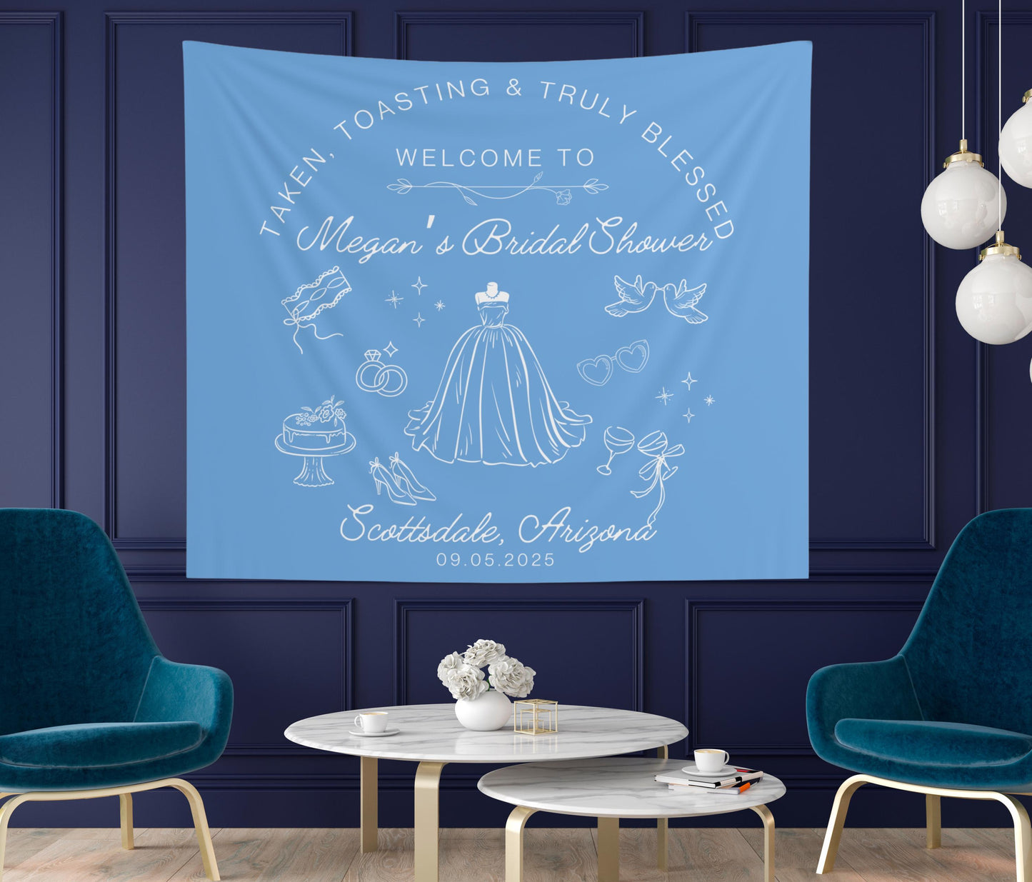 Custom Bridal Shower Banner - Elegant Wedding Tapestry - Personalized Bridal Shower Sign - Welcome Sign with Name, Date & Location