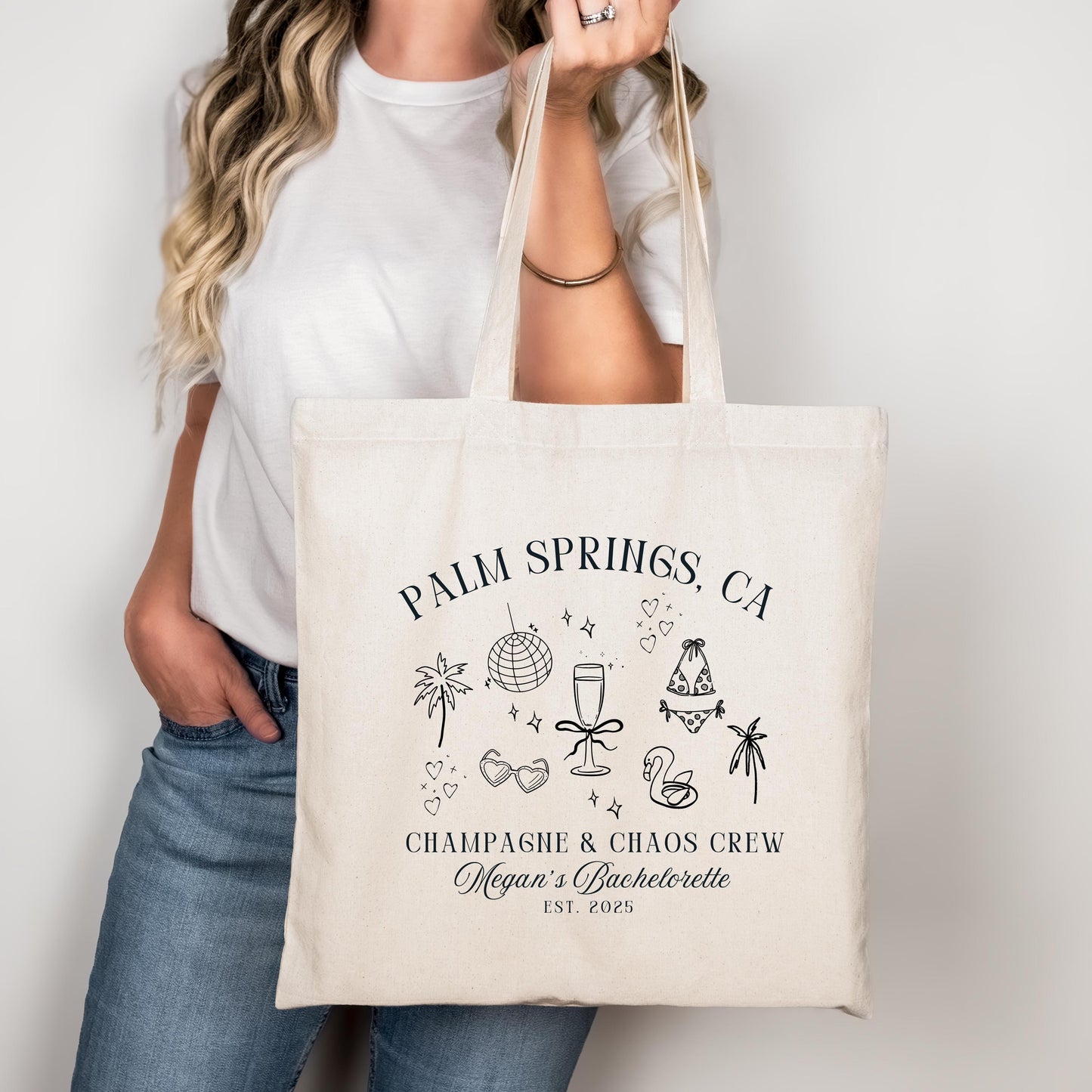 Custom Bachelorette Tote Bag, Champagne and Chaos Crew, Destination Bachelorette Party, Bridesmaid Gift, Girls Trip Bag