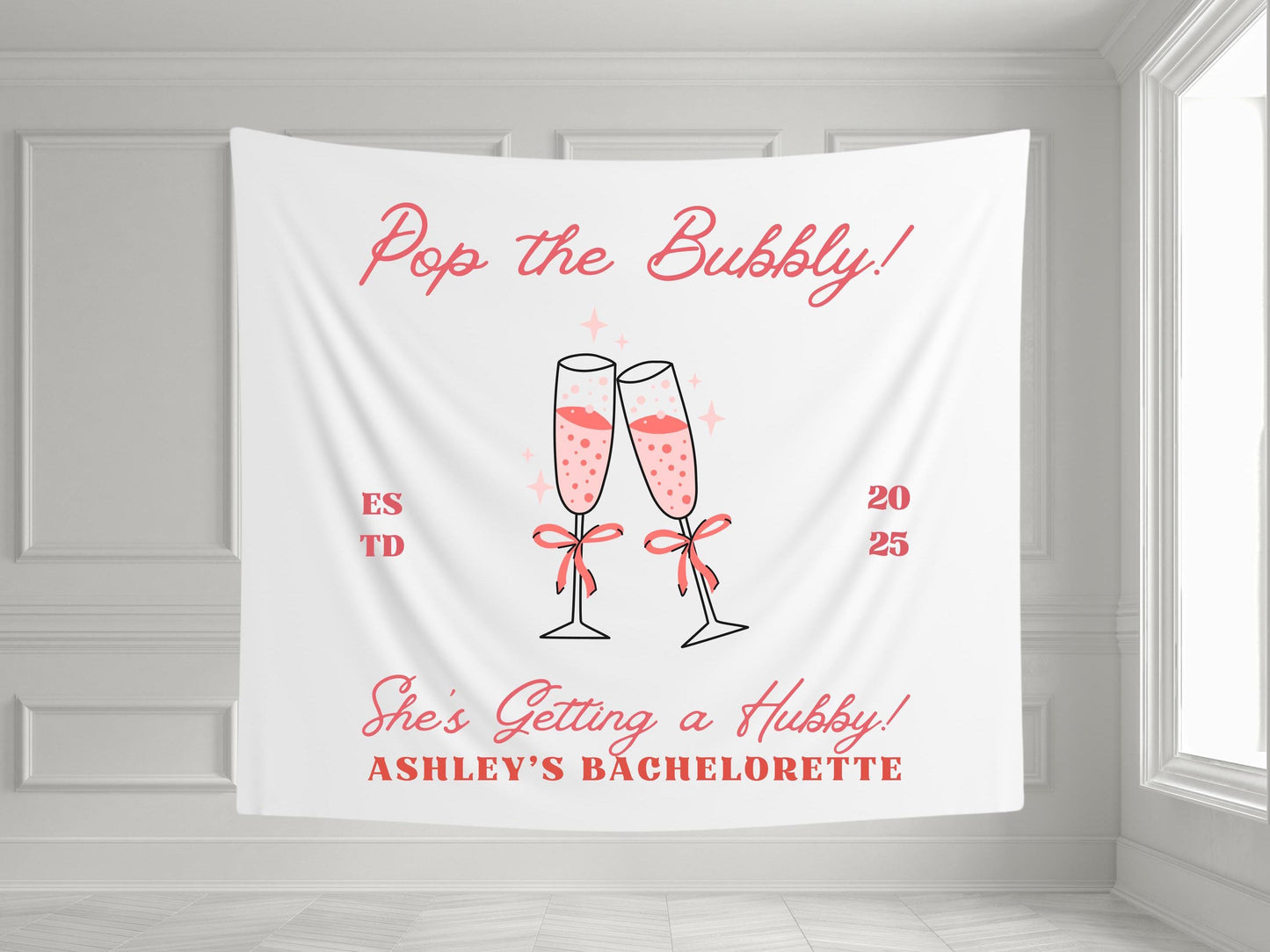 Pop the Bubbly She’s Getting a Hubby Banner | Custom Bachelorette Party Tapestry | Bridal Shower Champagne Decor
