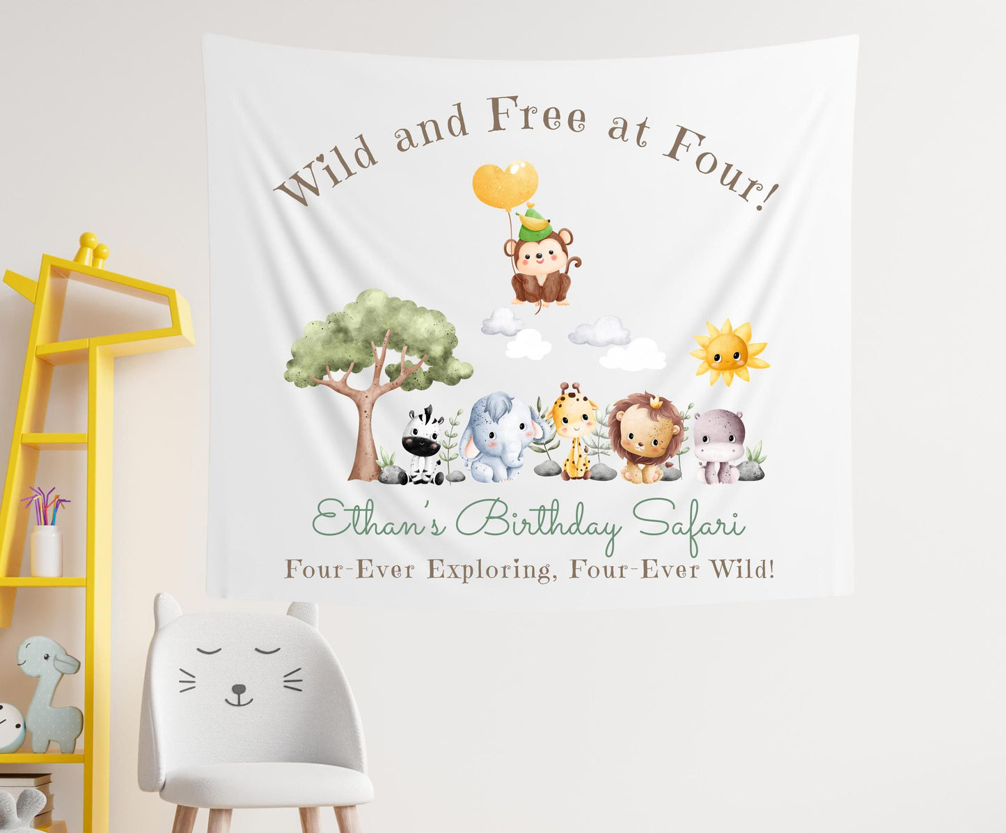 Jungle Safari 4th Birthday Banner | Custom Wild Animal Party Decor | Roaring Four Ever Wild Tapestry | Kids Safari Theme Sign
