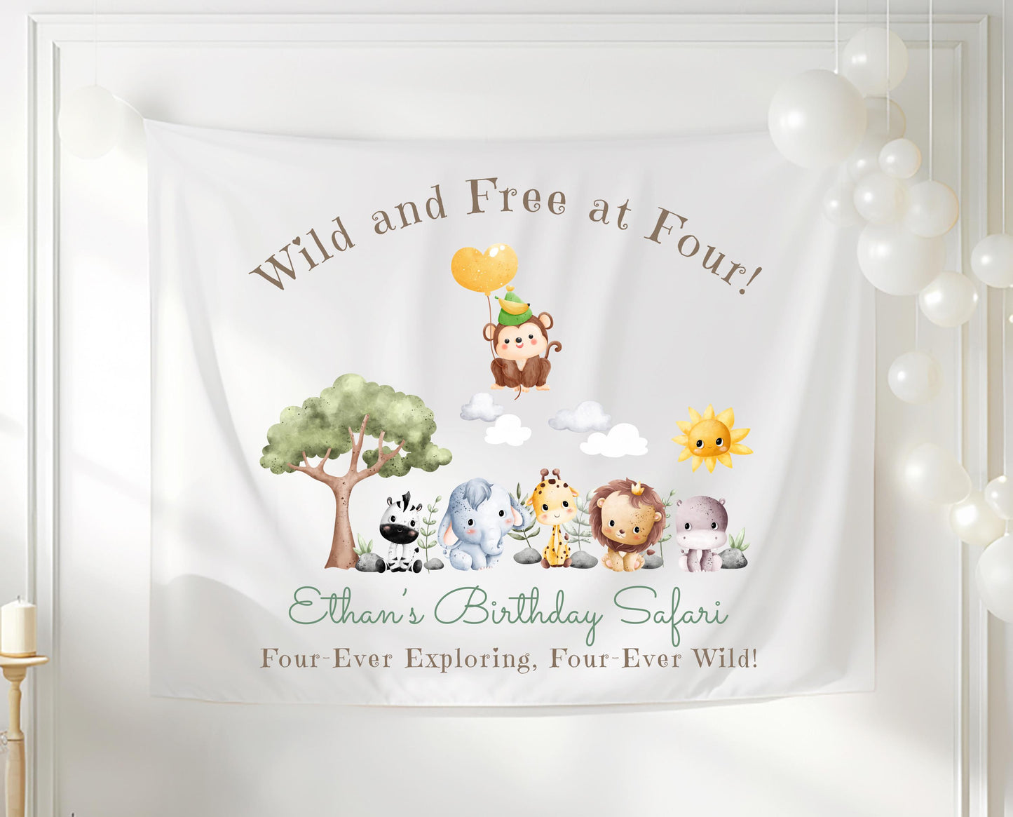 Jungle Safari 4th Birthday Banner | Custom Wild Animal Party Decor | Roaring Four Ever Wild Tapestry | Kids Safari Theme Sign
