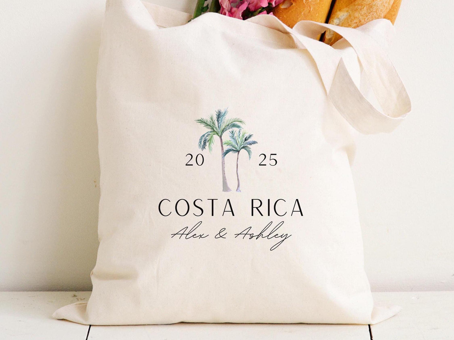 Custom Wedding Tote Bag, Tropical Honeymoon Gift Bag, Minimalist Bride and Groom Name Tote, Personalized Location Wedding Favor