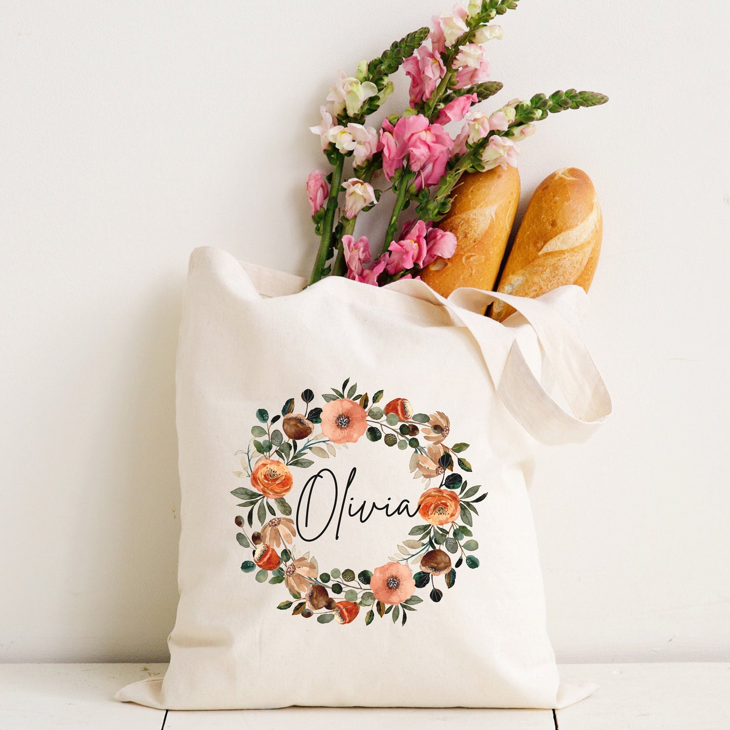 Personalized Bridesmaid Tote Bag - Custom Name Gift Bag - Floral Wreath Cotton Tote - Wedding Party Favor - Bridal Shower Gift