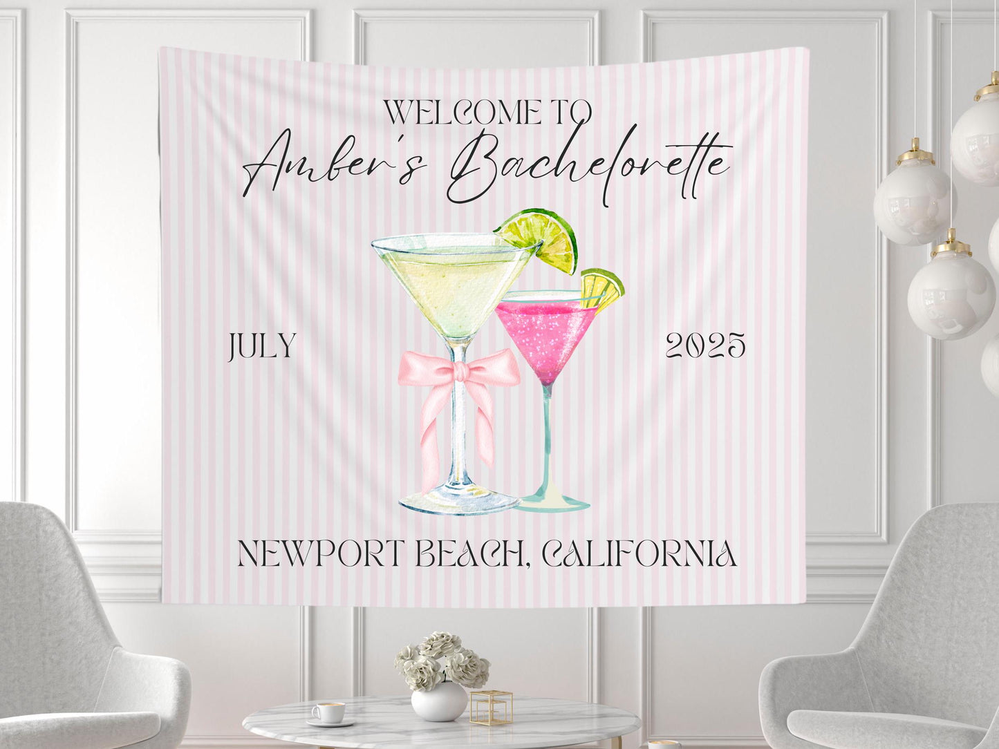 Welcome to Bach Banner, Pink Striped Bachelorette Party Sign, Custom Martini Girls Trip Decor, Elegant Bridal Shower Backdrop