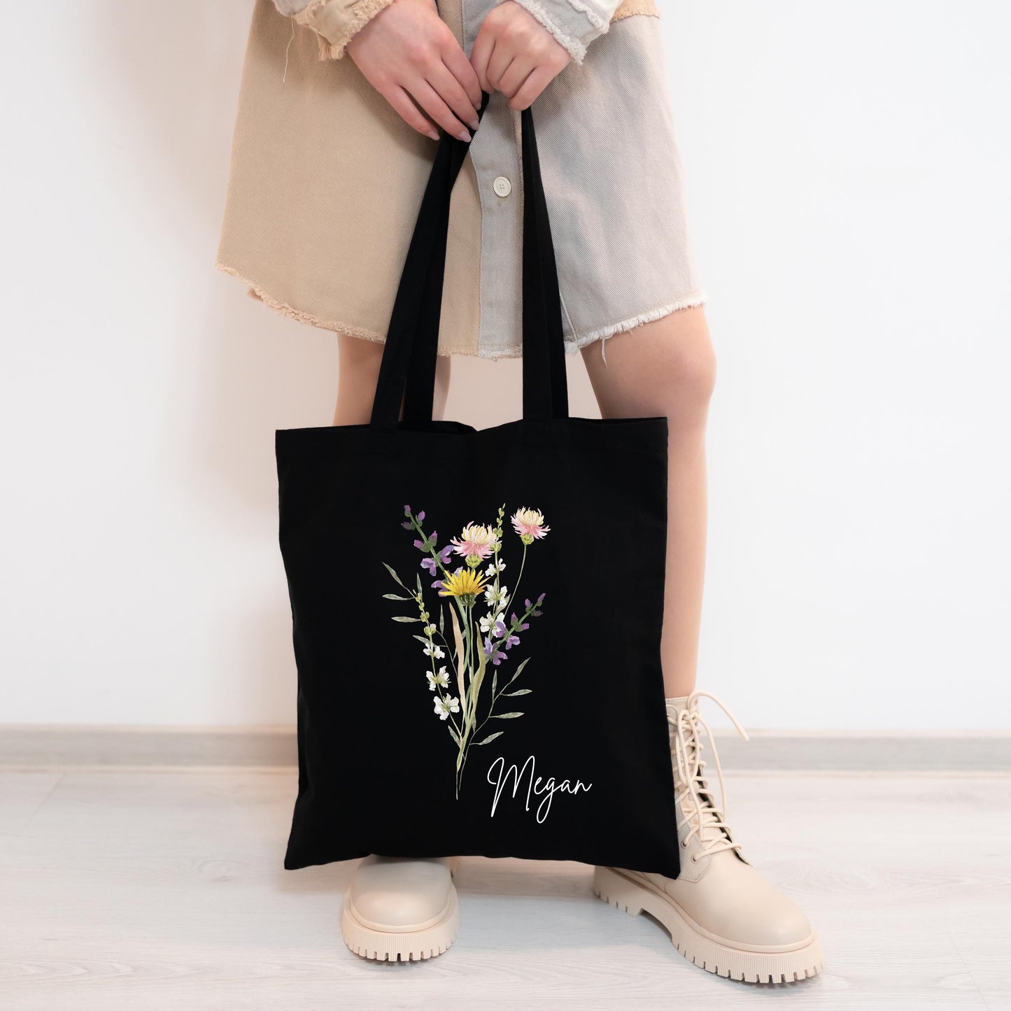 Personalized Wildflower Tote - Custom Floral Canvas Bag - Bridesmaid, Bachelorette, Birthday Gift - Eco-Friendly Tote