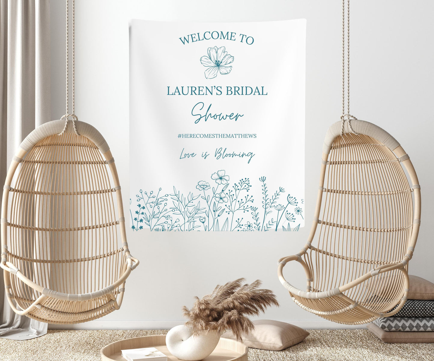 Floral Bridal Shower Banner, Custom Elegant Black and White Sign, Love is Blooming Decor, Personalized Bridal Party Welcome Backdrop