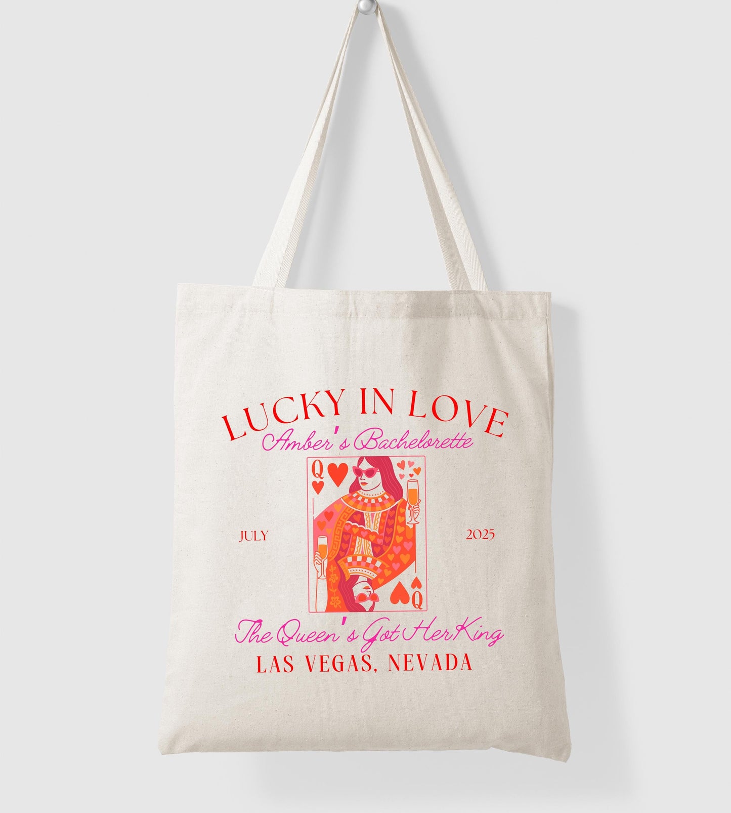 Lucky in Love Bachelorette Tote Bag, Custom Queen of Hearts Design, Bridal Party Favor, Girls Trip Gift, Vegas Bride Tote